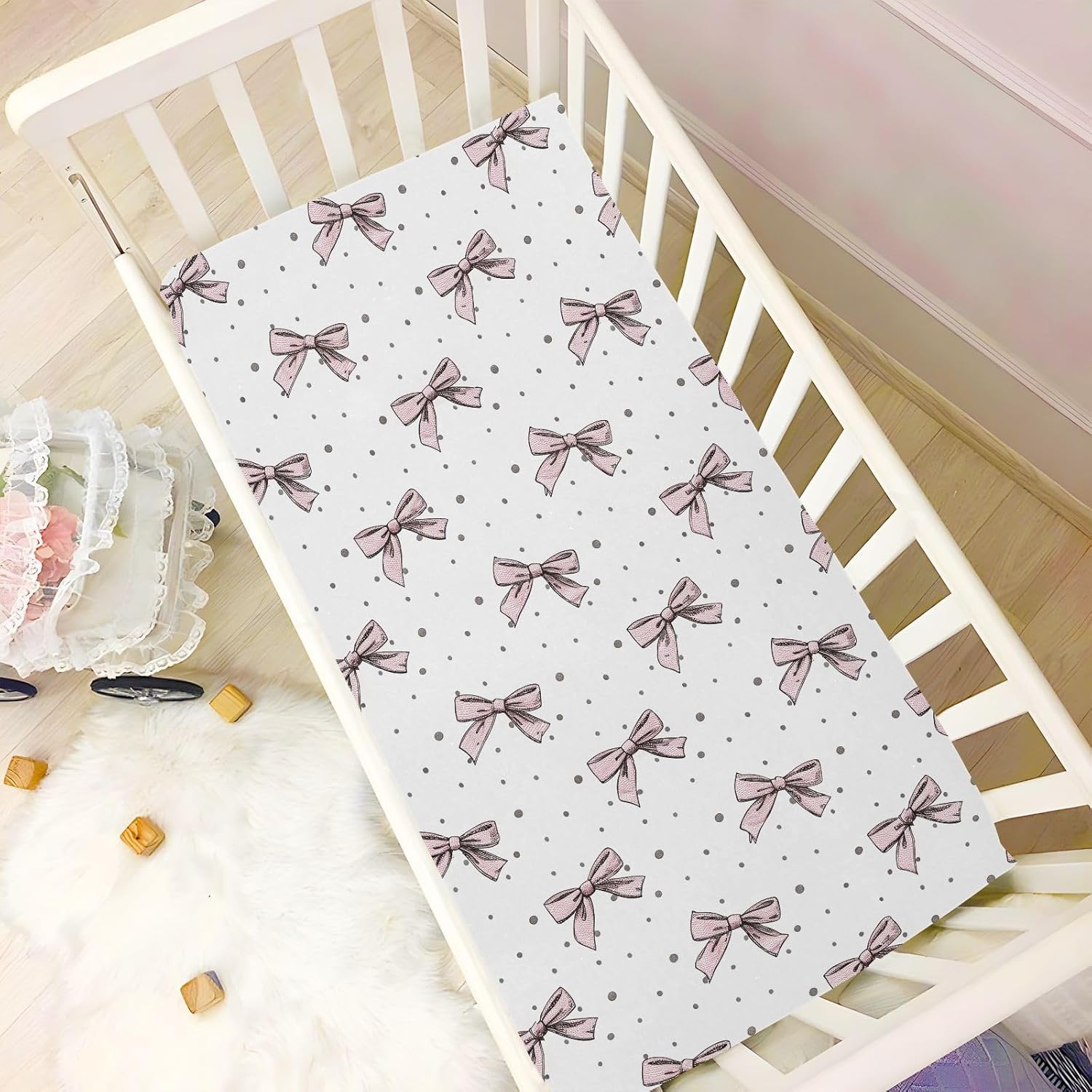 Kigai Bow Crib Sheets for Boys Girls Jersey Knit Fitted Crib Sheet Baby Crib Sheet for Standard Crib and Toddler Bed Mattresses, Cozy Soft Breathable, 28 x 52 inch