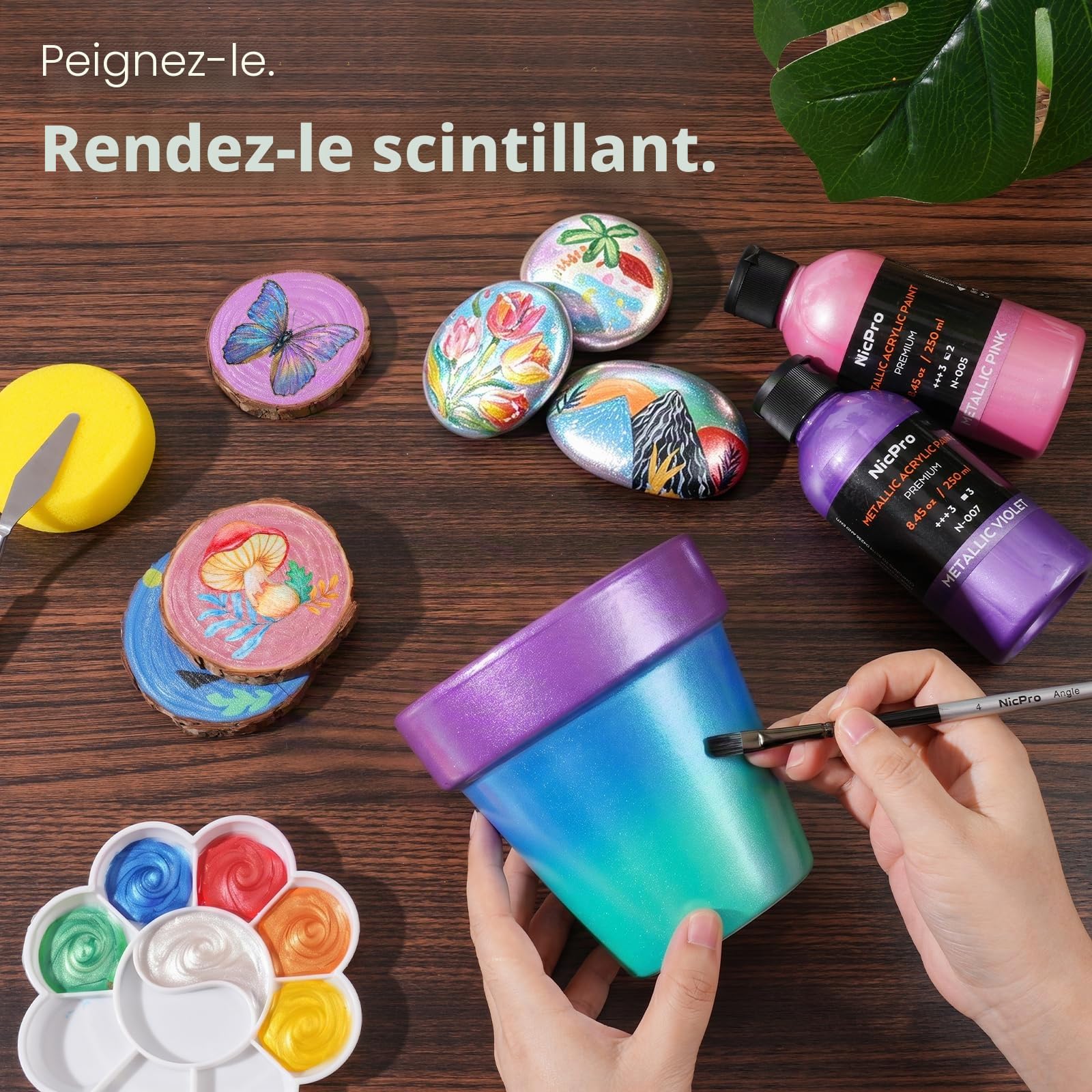 Nicpro lot peinture acrylique métallisée (20 × 250 ml), 20 couleurs de peinture acrylique en vrac, fournitures de peinture artistique non toxiques pour toile multi-surfaces, roche, bois, cuir, pierre