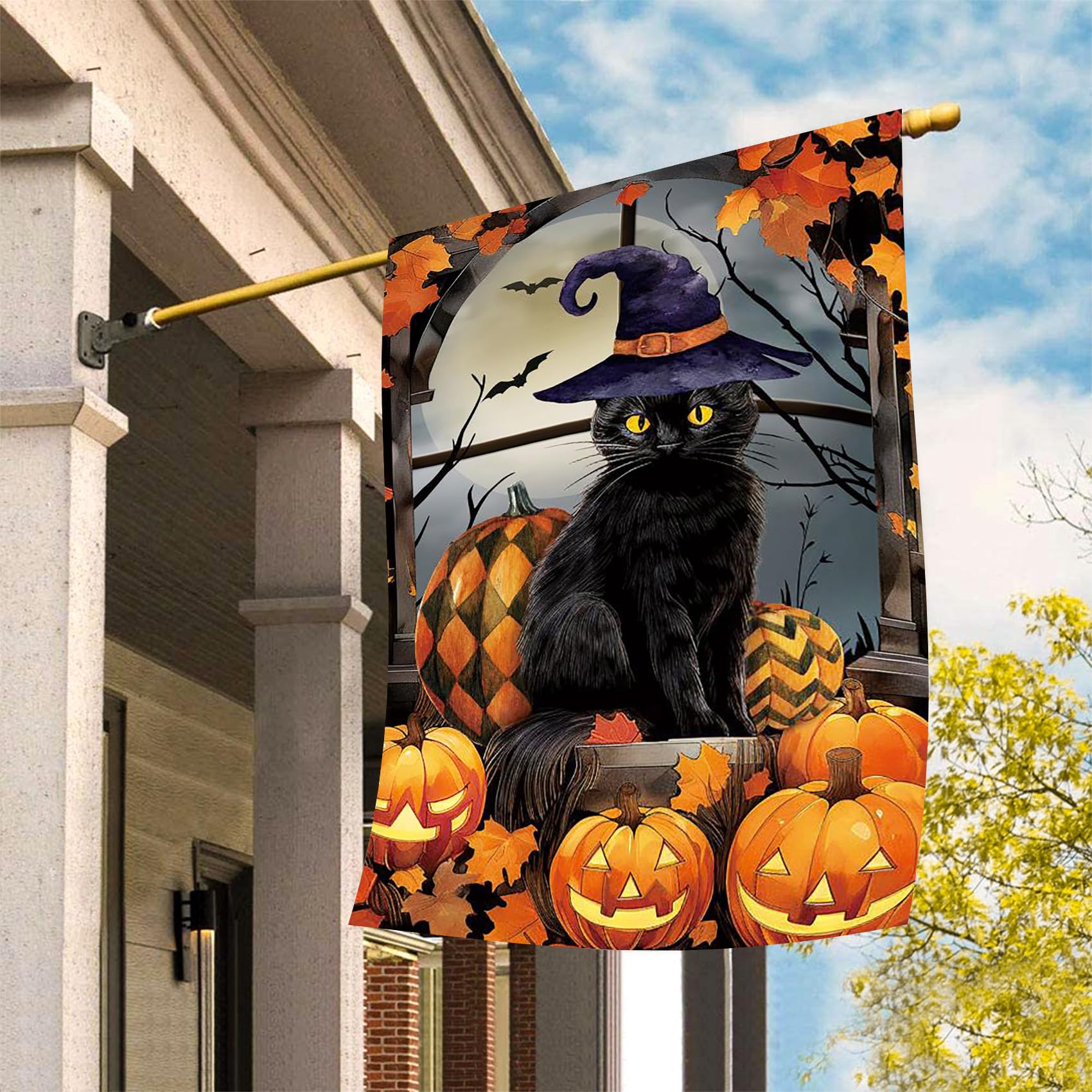 Halloween Gartenflagge - 71x102 Cm, Mit Kürbis, Hexe & Fledermaus, Wetterfest