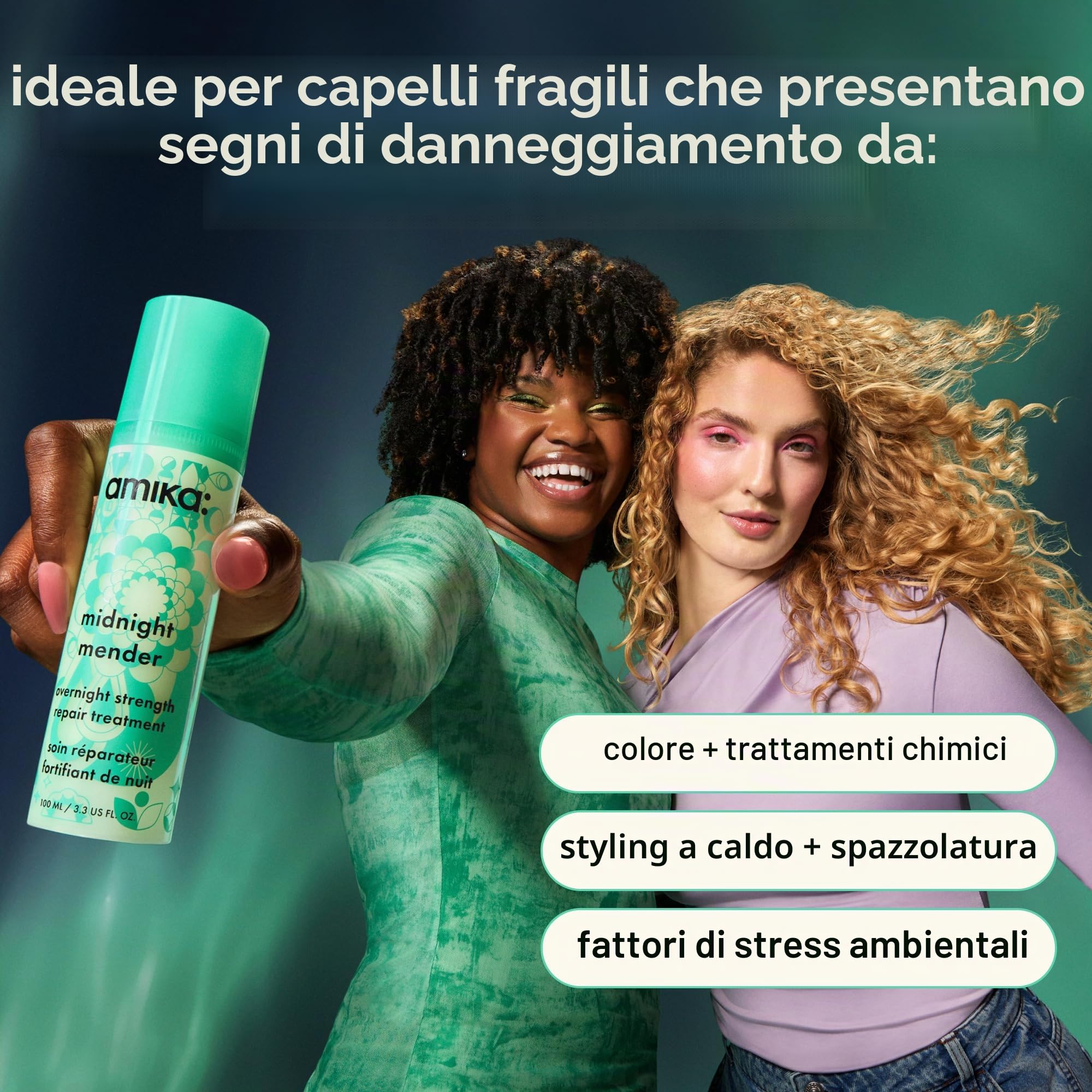 amika Midnight Mender Strength Repair Maschera per capelli durante la notte - Balsamo senza risciacquo + trattamento con doppie punte per ciocche danneggiate e fragili - Ripara la cura dei capelli per