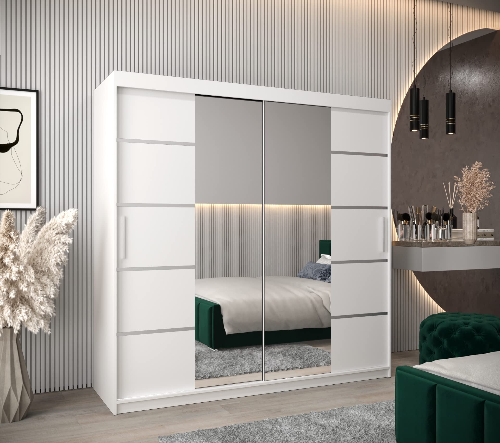 ABIKSMEBLE Verona 4 200 Armadio a Due Ante Scorrevoli per Camera da Letto - Armadio Moderno con Specchio, Appendiabiti e Ripiani - 200x200x62 cm - Bianco Opaco