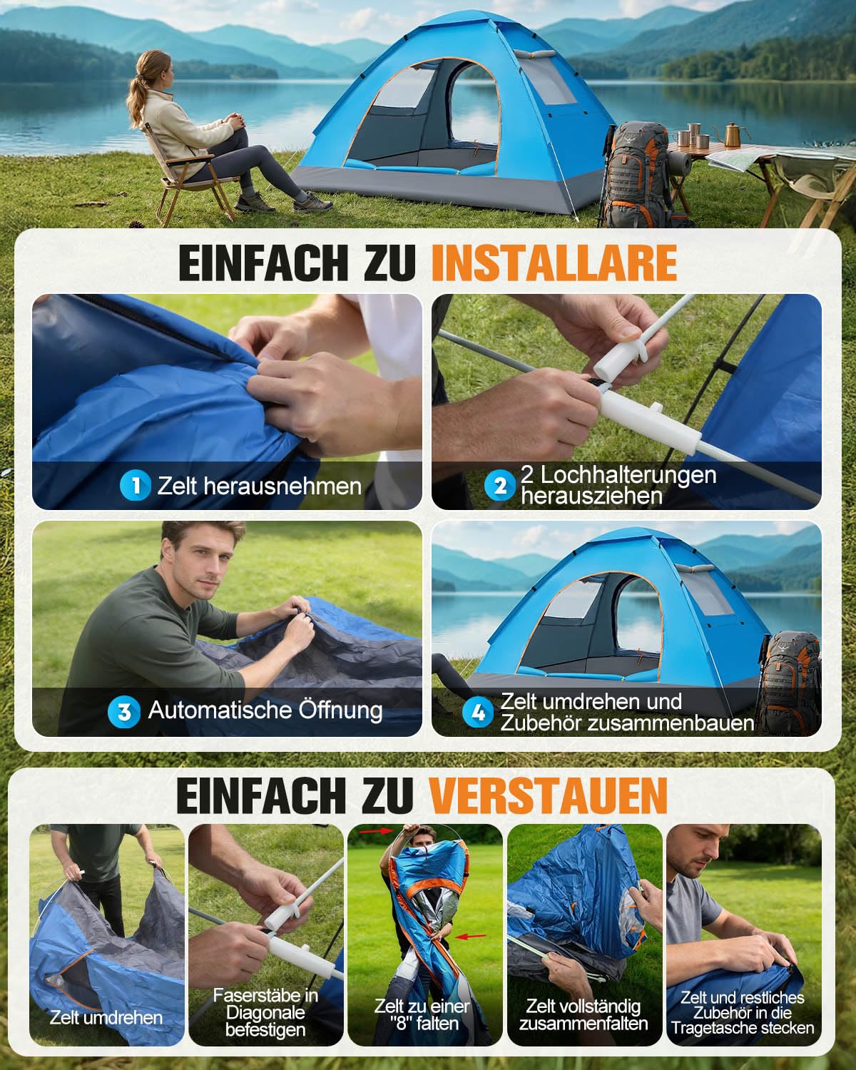 Tente de camping pop-up automatique pour 3 à 4 personnes, étanche, 2 personnes