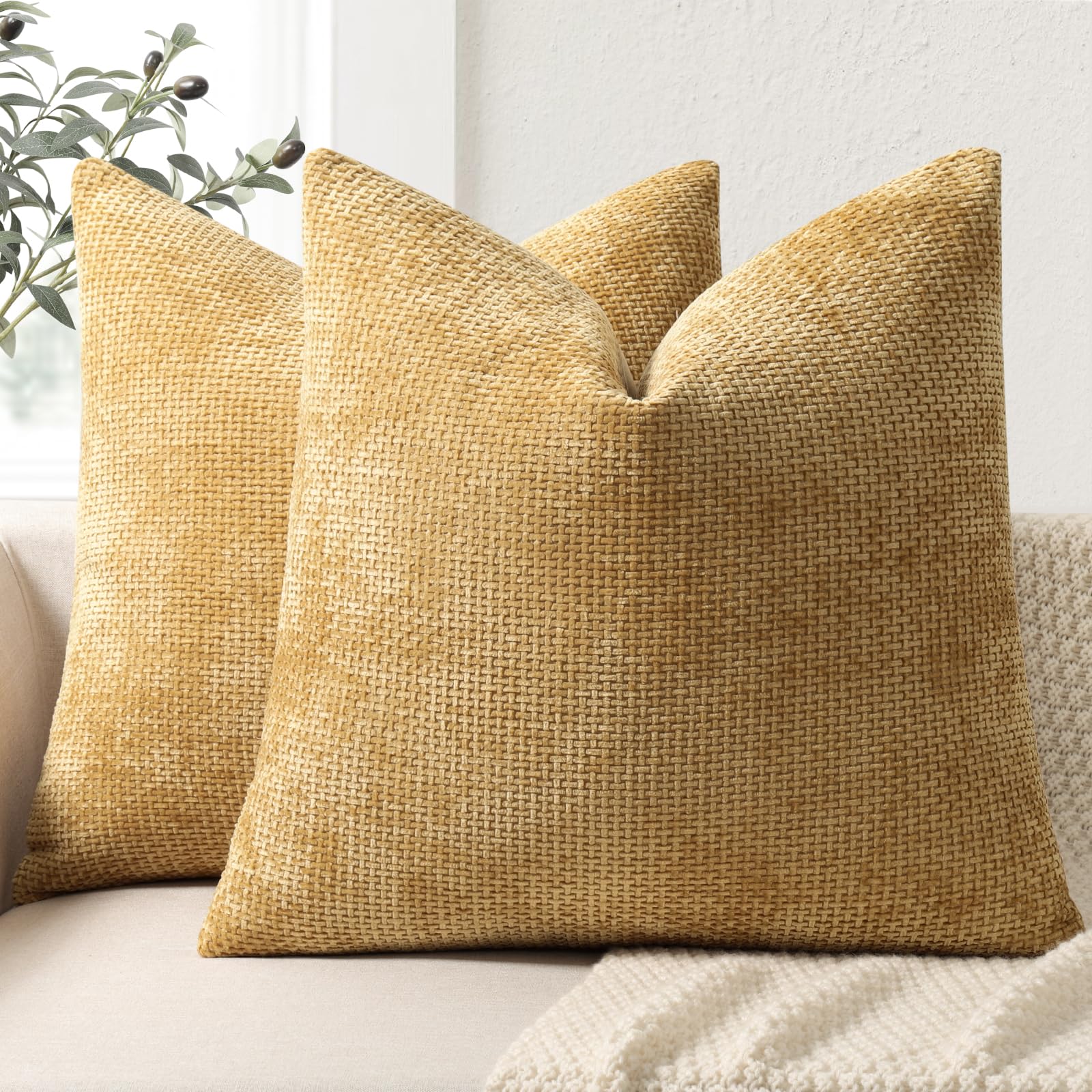 ZWJD Cushion Covers 45x45cm 2 Pack – Soft Chenille Decorative Pillow Cases Yellow Sofa Cushion Covers for Couch, Bed and Living Room Home Decor Throw Pillow Covers — image 1