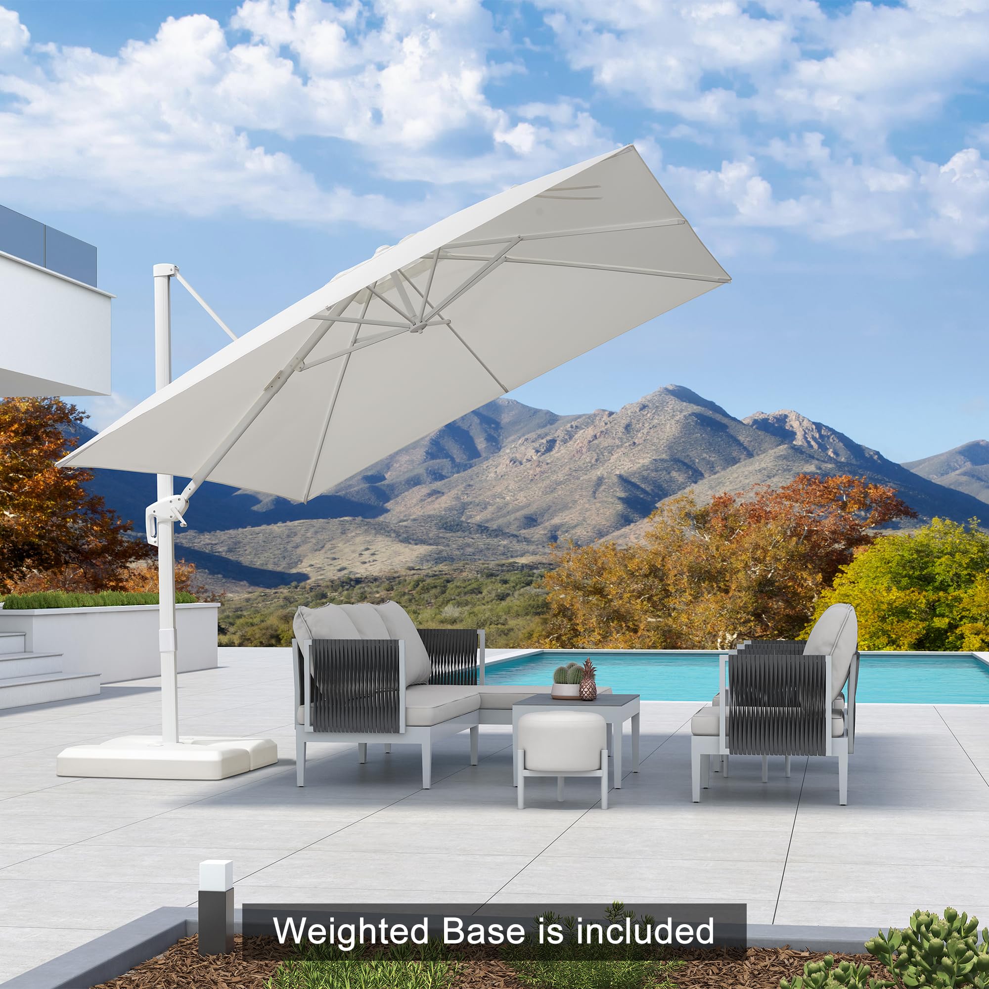 PURPLE LEAF 10 FT Patio Umbrella With Base White Cantilever Umbrella Square Outdoor Offset Umbrella Windproof with 360° Rotation for Garden Deck Pool, White
