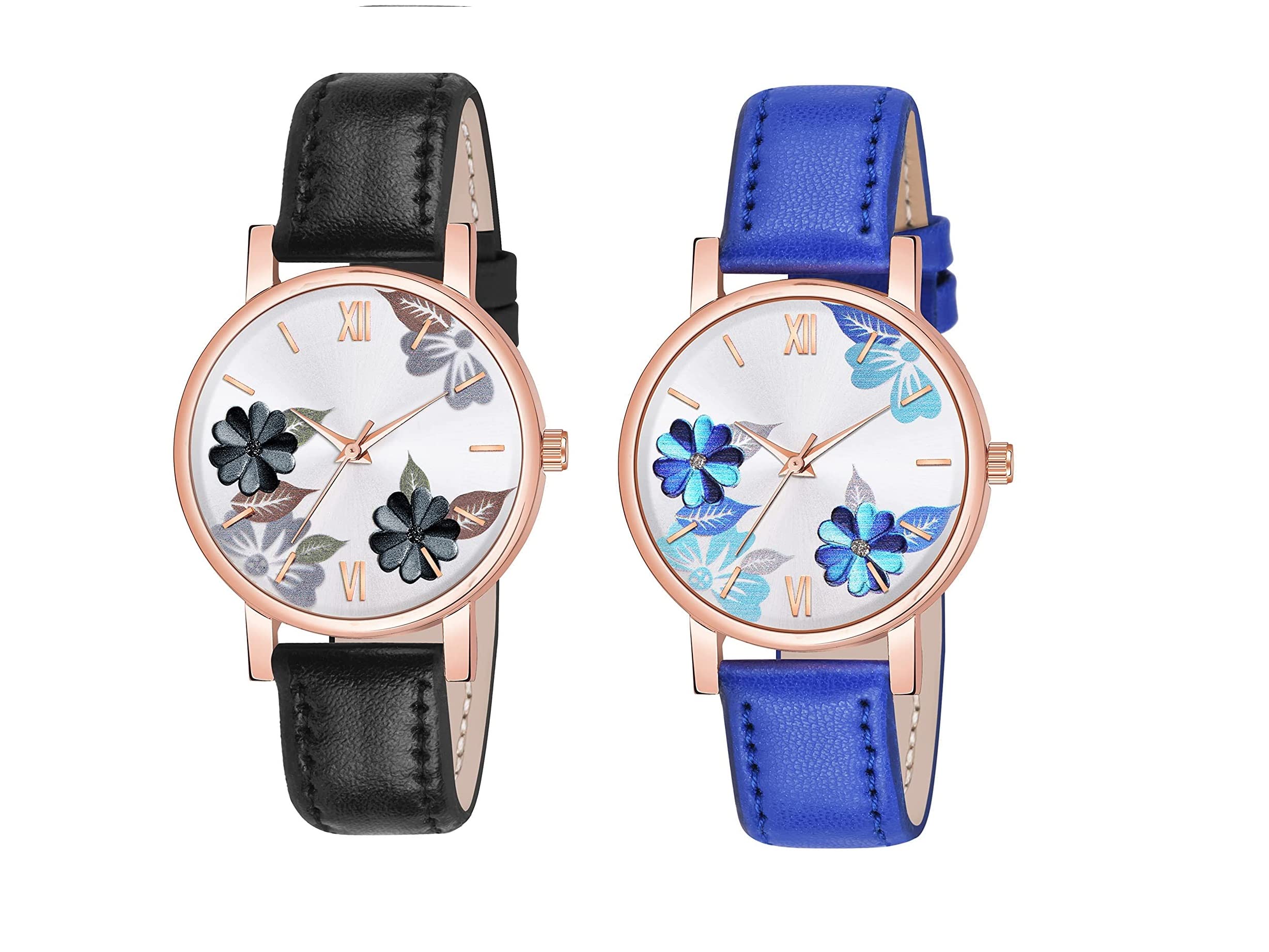 Watch City Analog Watch for Girls and Womens Flowered Dial Leather Strap (Combo) (Set of 2) Black-Blue (B0BF11G6RD) Amazon Price History, Amazon Price Tracker