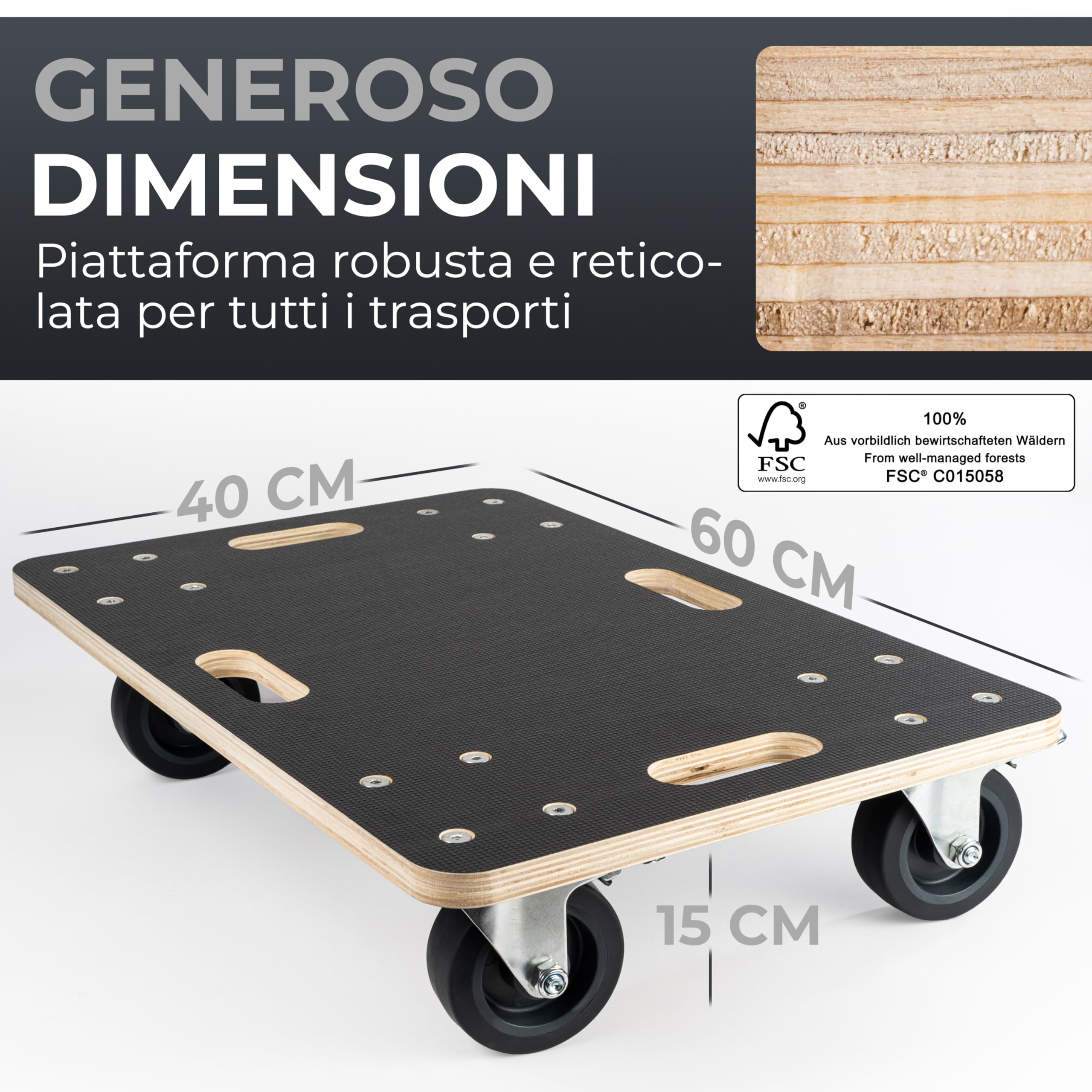 piano a rulli per carichi pesanti - ruote extra silenziose | capacità di carico di 400 kg | 60 x 40 cm | in legno di alta qualità in nero | per officina e trasporto | carrello di trasporto