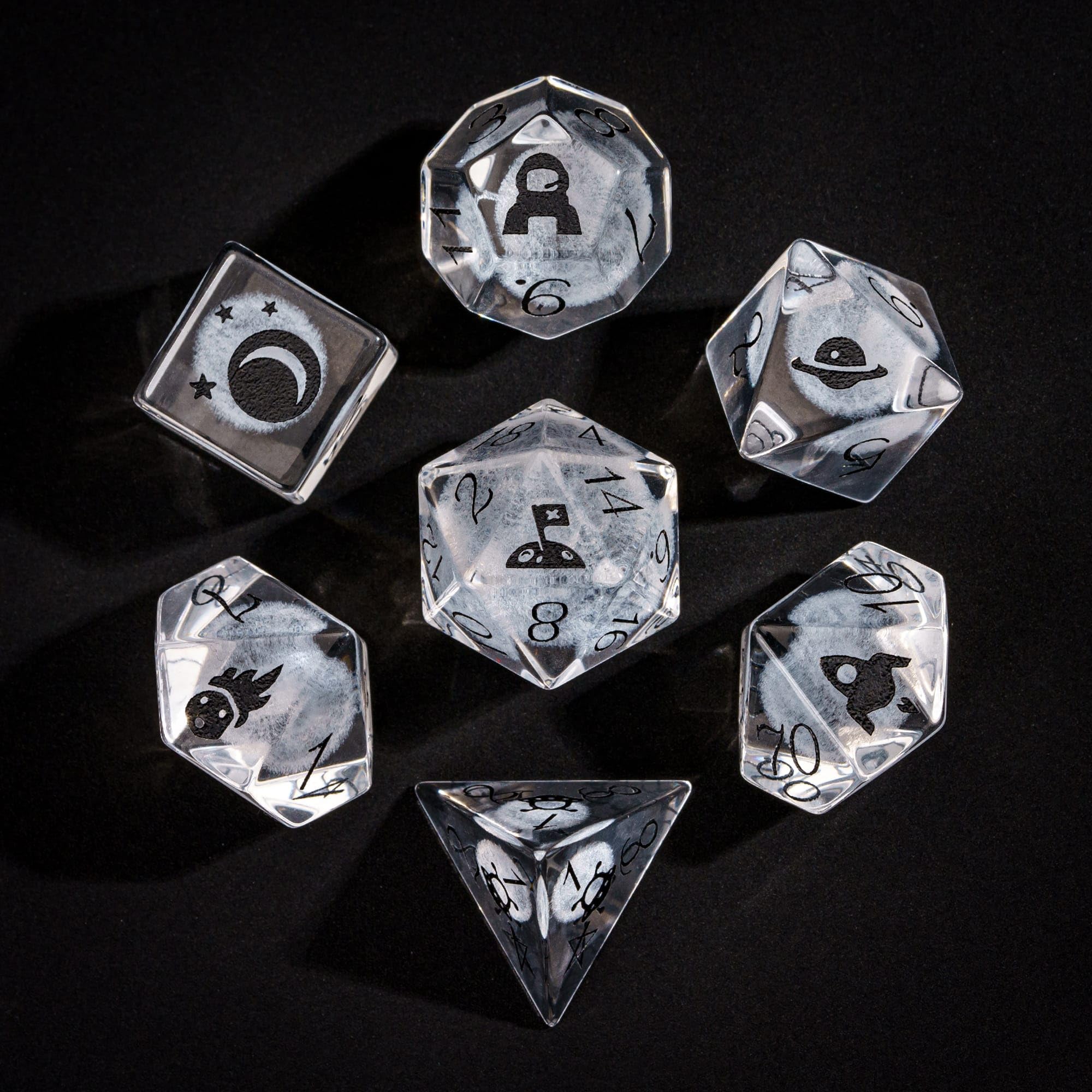 UDIXI 7PCS Transparent Glass Dice Set, 3D Dandelion Design Glass D&D Dice Set with Leather Case for RPG and Other Tabletop Game