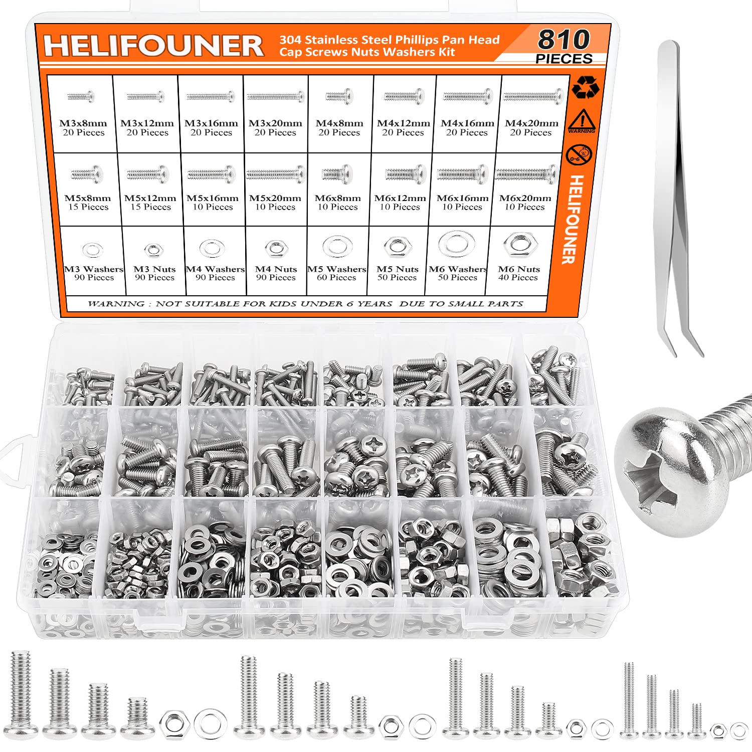 810 Pieces M3 M4 M5 M6, 304 Stainless Steel Phillips Pan Head Machine Screws Bolts Nuts Washers Hardware Assortment Kit