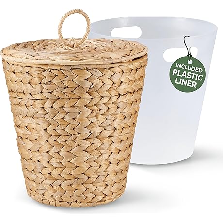 Wicker Trash Can with Lid and Liner for Bathroom and Bedroom