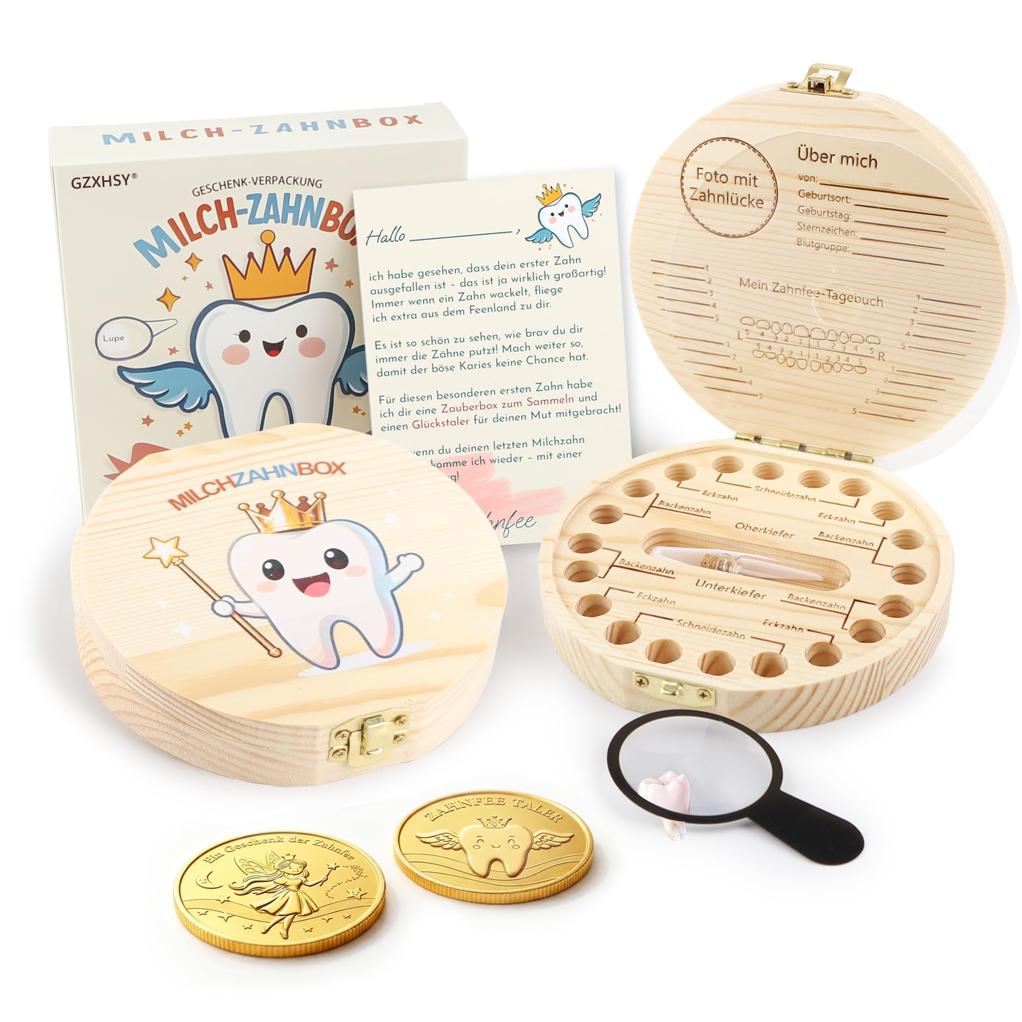 Gzxhsy Milchzahndose mit bunten Motiven für Jungen und Mädchen | Zahnfee Geschenk set mit 2 Münzen, Lupe & Brief | zahnbox für Milchzähne (B-rund - Feenstab)