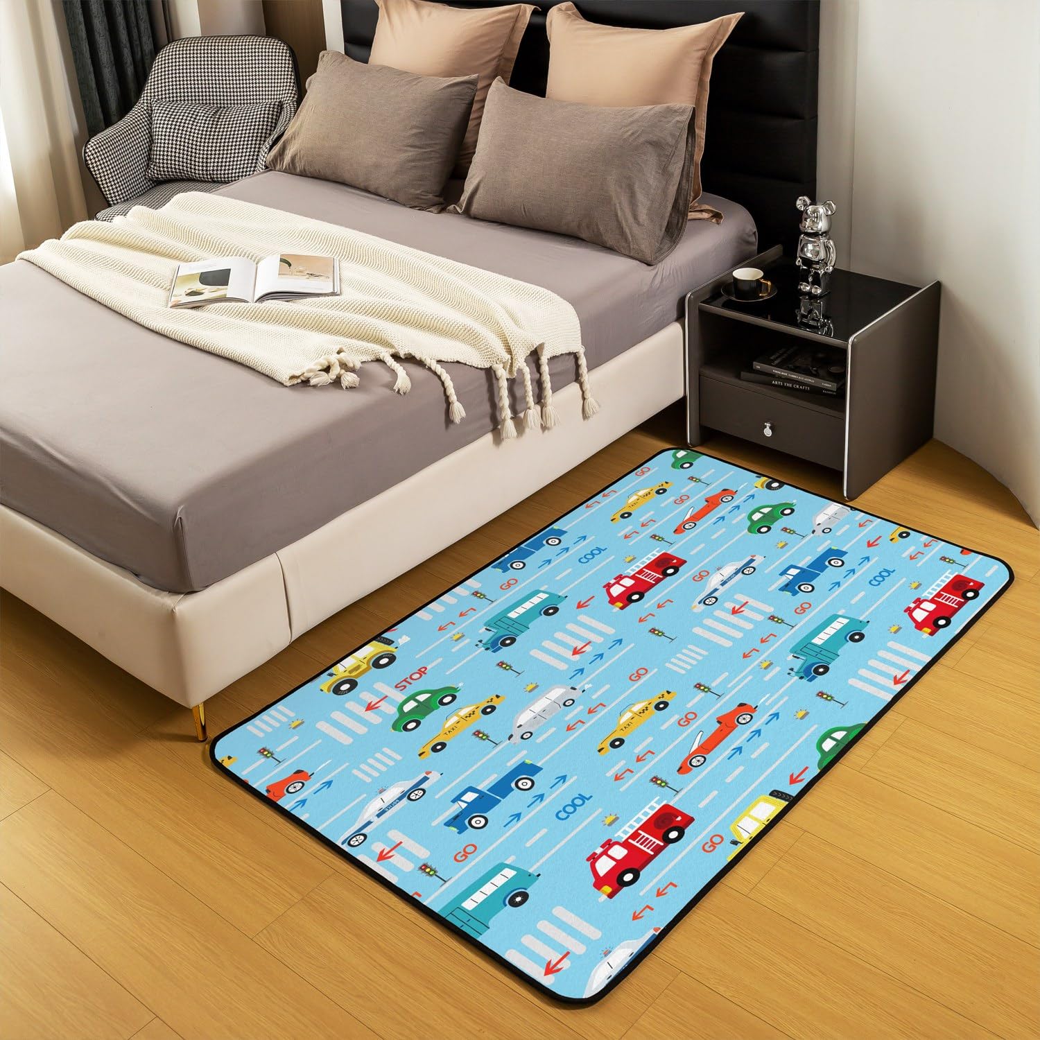 Tappeto per auto con cartoni animati, 150 x 200 cm, per bambini, veicoli di trasporto, auto, soggiorno, tappeti per ragazzi e ragazze, camion dei pompieri, tappeto decorativo per interni, tappetino b