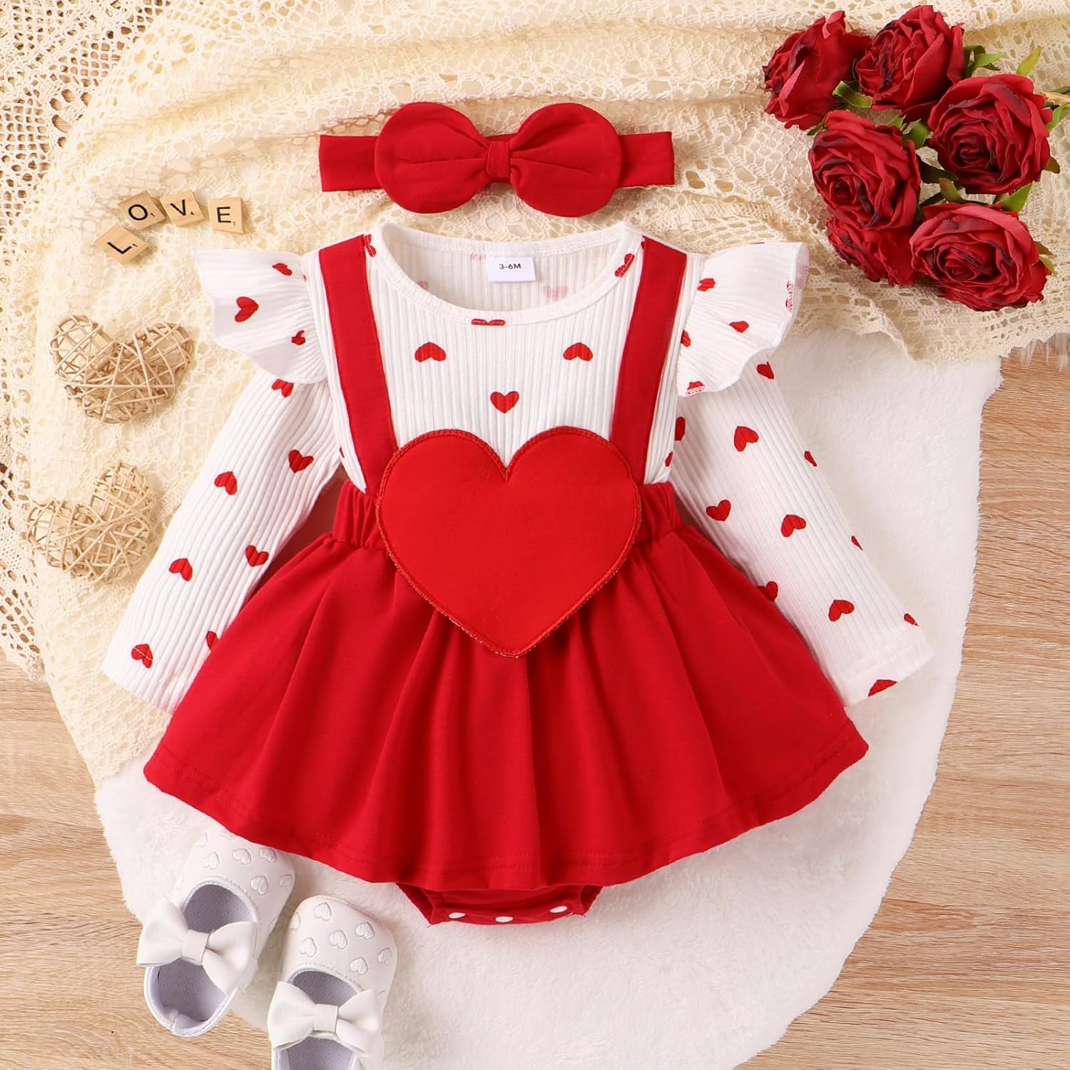 Valentine Baby Girl Outfit Heart Print Ribbed Long Sleeve Newborn Valentines day Romper Dress Headband Set - Image 2
