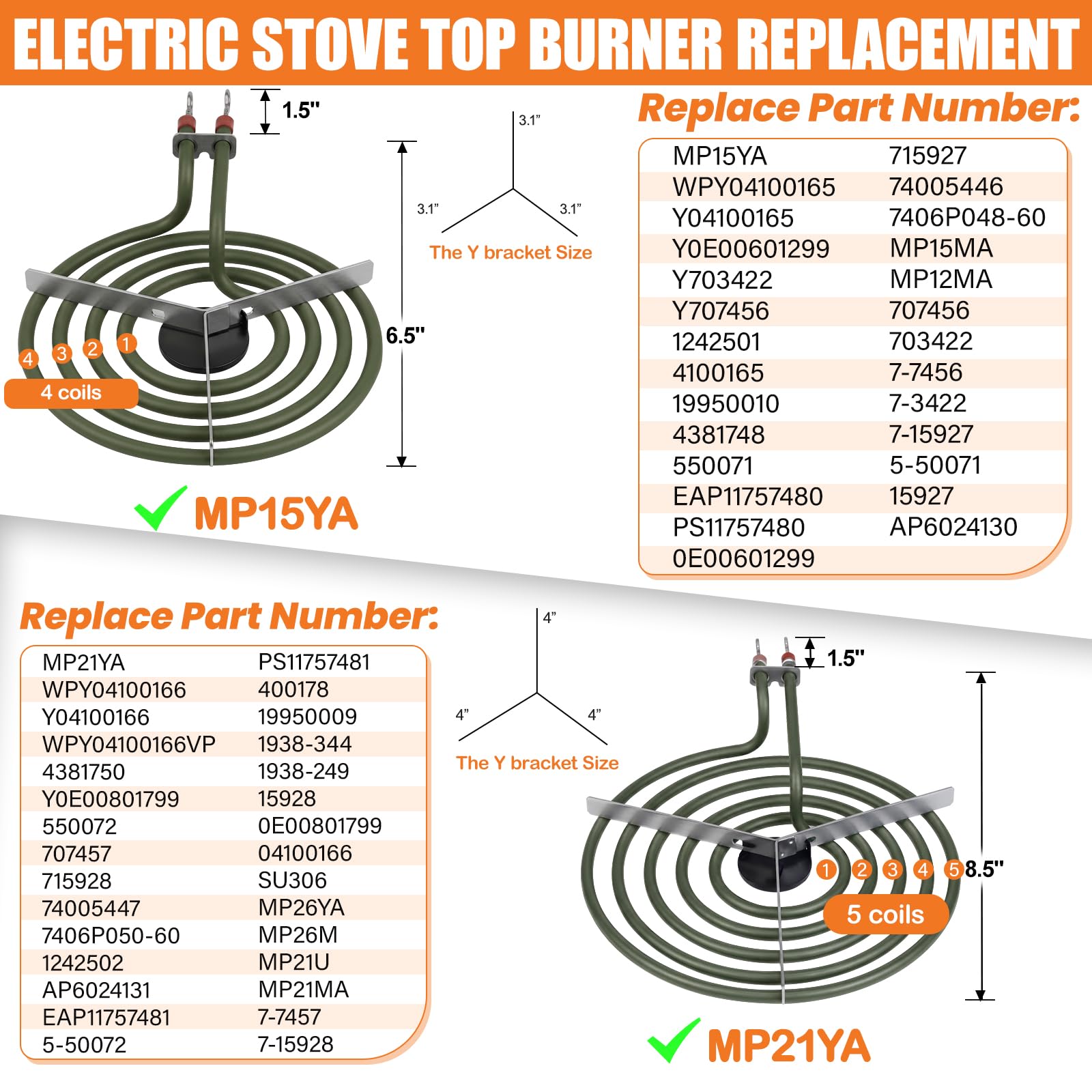 MP22YA - Juego de quemadores eléctricos para estufa, dos MP15YA de 6 pulgadas y dos MP21YA de 8 pulgadas