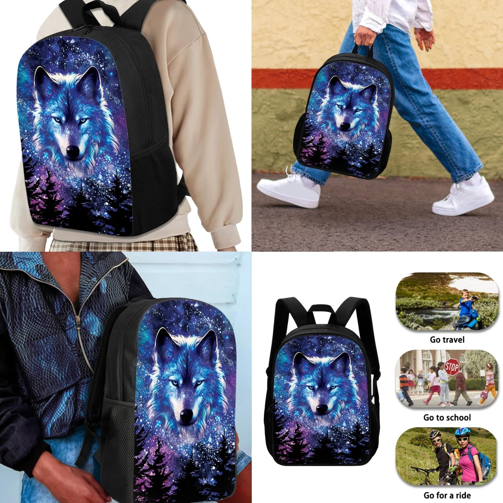 Renewold Wolf Forest Print School Bag Set, Set 3 in 1 Back to School Supplies, Backpack with Side Pocket, Bookbag Reusable Insulated Lunch Tote Bag Pencil Case Set, for Kids Teen Junior Girls Boys