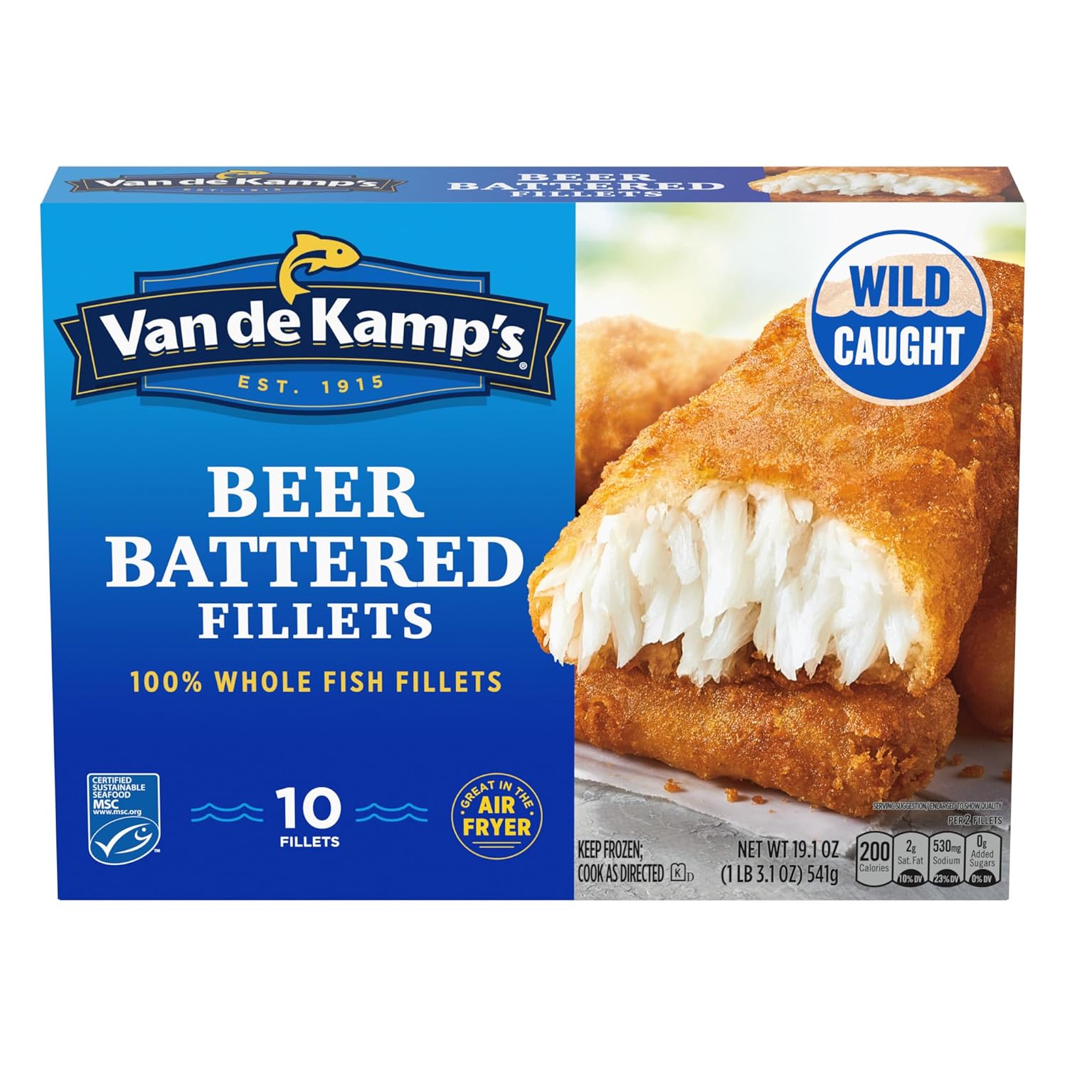 Van de Kamp's Beer Battered 100% Whole Fish Fillets, Crispy Frozen Wild-Caught Pollock, 19.1 oz 10 ct