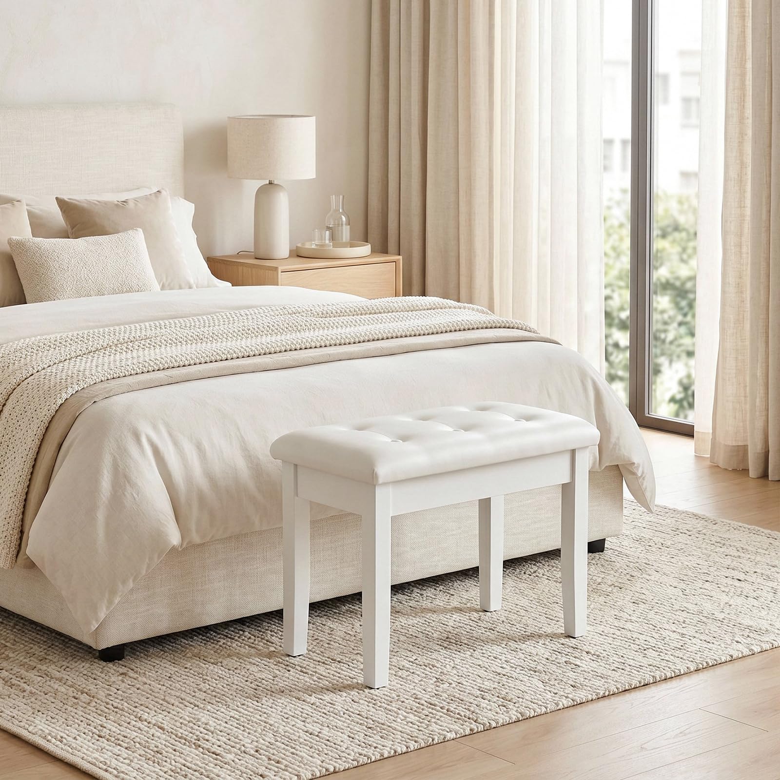 MAMIZO Sgabello per Pianoforte con Spazio di Archiviazione, 55x35x49CM | Panca Pianoforte con Cuscino in Pelle PU, Gambe in Legno Massello, Carico Massimo 150KG, Bianco