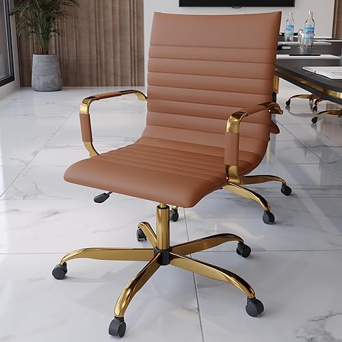 Miniatura 8 de LeisureMod Harris Silla de oficina con almohadilla suave, silla ejecutiva de piel sintética con base de acero dorado, altura ajustable, bloqueo de
