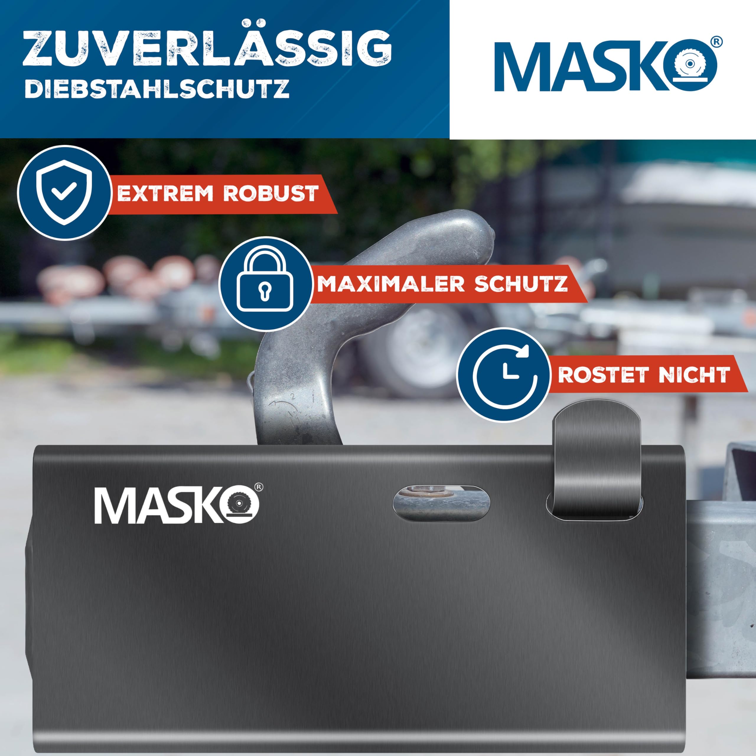 MASKO® Serratura per Rimorchio Con Sistema a Innesto - Agganciato e Sganciato, Protezione Antifurto, incl. Serratura a Disco, Chiave e Cappuccio di Protezione, Antracite