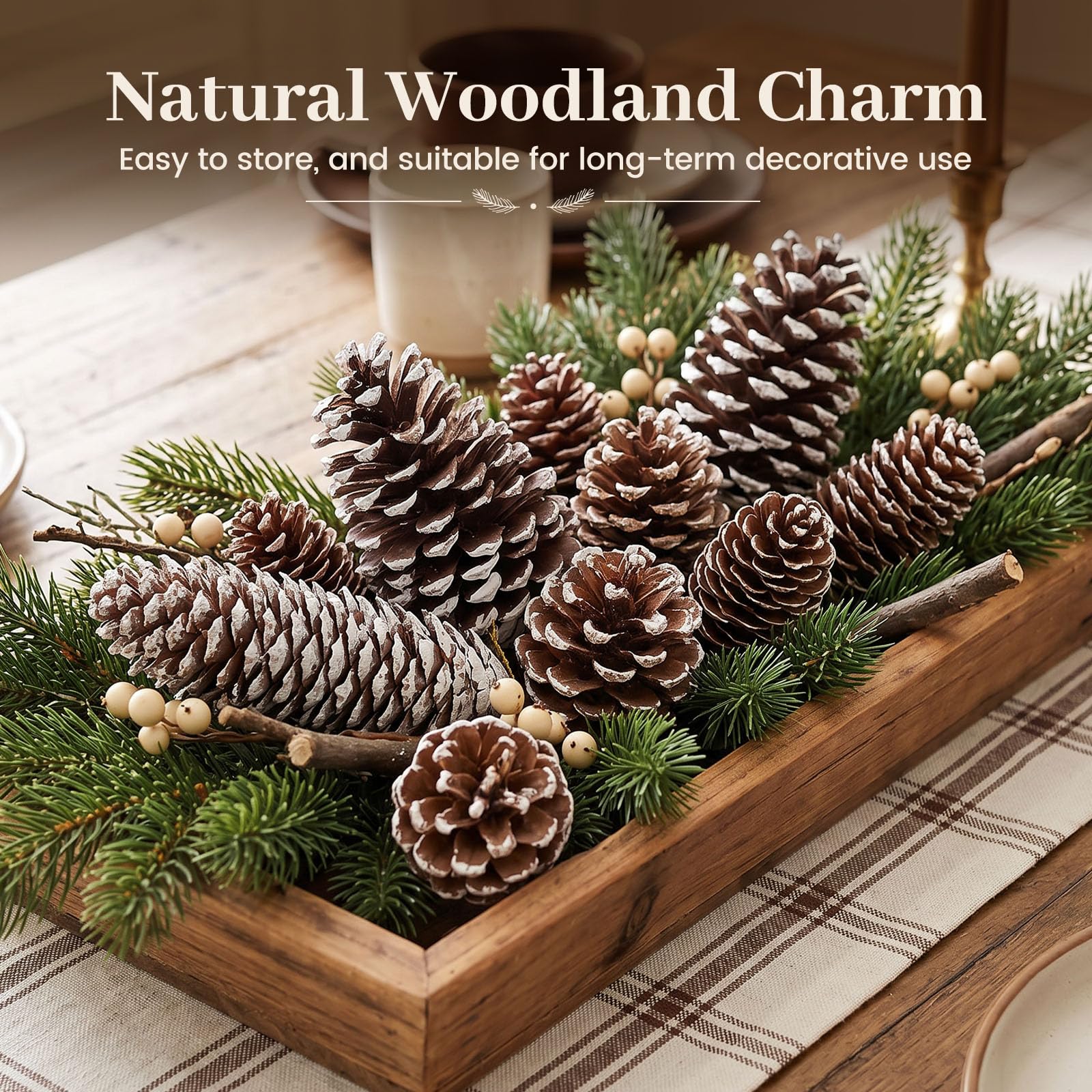 JOHOUSE Piñas de pino natural con nieve, 28 piñas de Navidad con cuerdas, surtido de piñas rústicas para decorar Navidad, otoño e invierno