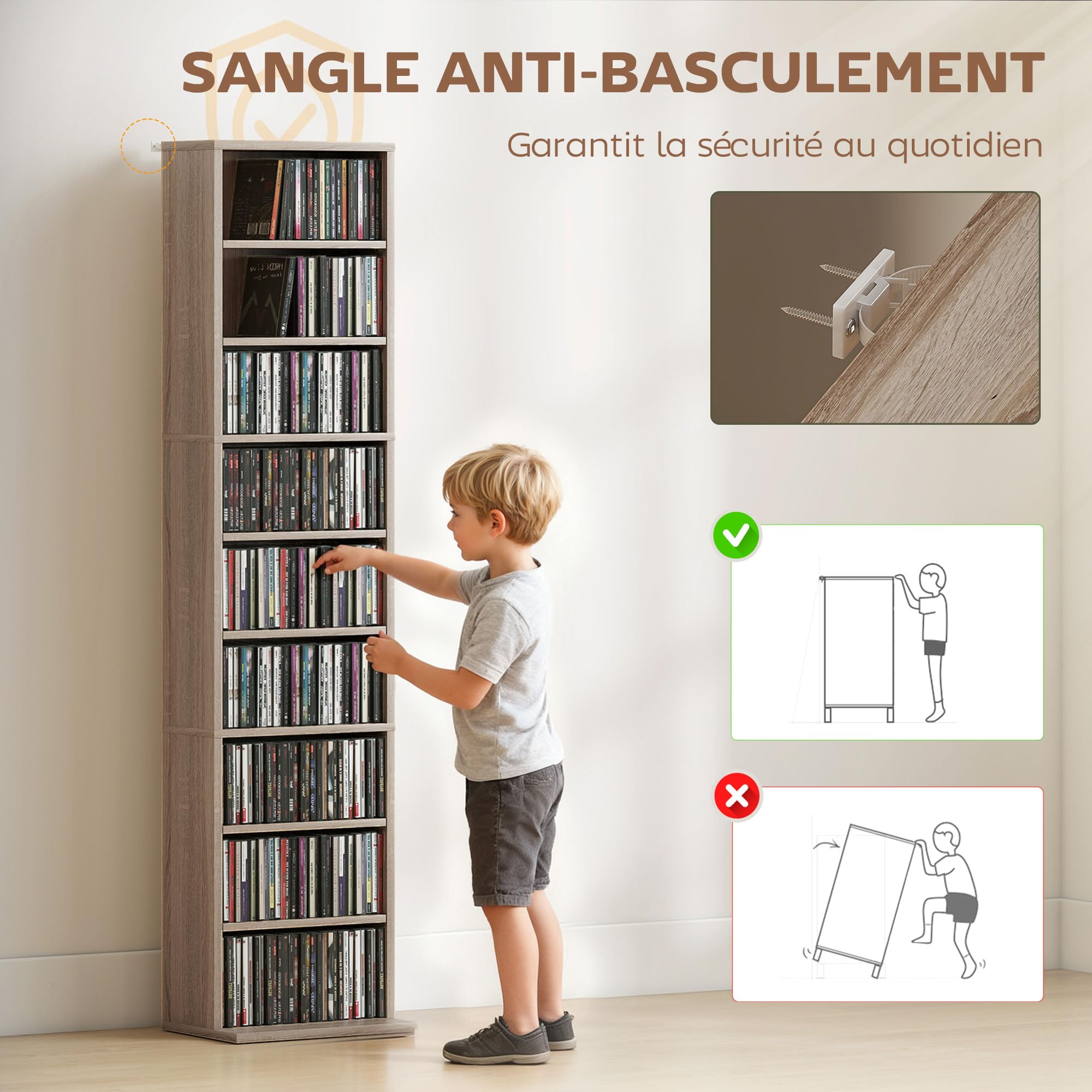 HOMCOM Rangements pour CD et DVD, meuble de rangement multimédia, capacité max. 260 CD/120 DVD, 9 compartiments et 6 étagères réglables, pour salon, chambre, bureau, 33 x 24 x 140 cm, bois naturel