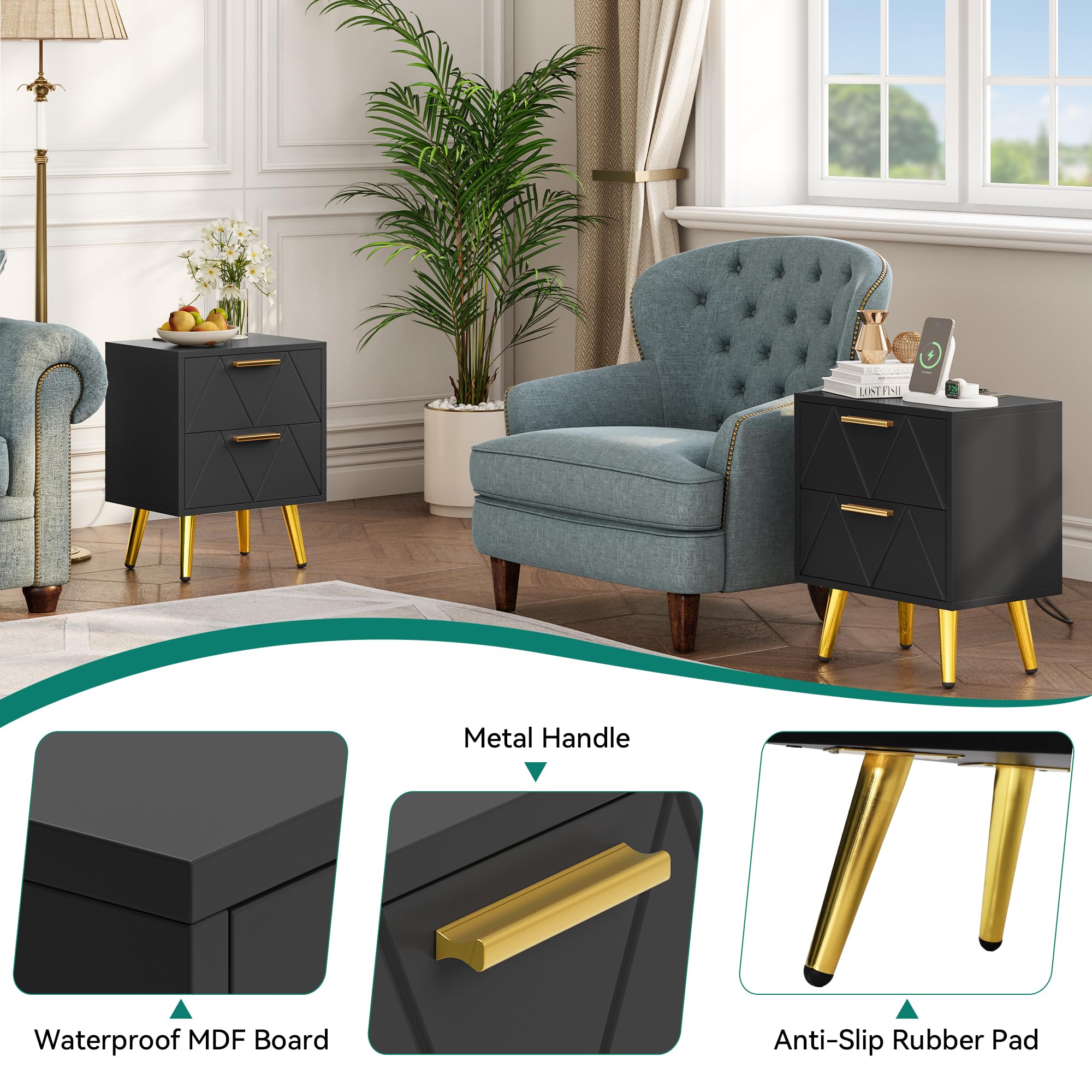 YITAHOME Table de Chevet avec 2 Tiroirs, 2 Ports USB et 2 Prises de Courant, Table d'Appoint avec Pieds et Poignées en Métal Doré, Bout de Canapé pour Salon, Chambre à Coucher, 40x 30 x 52cm, Noir