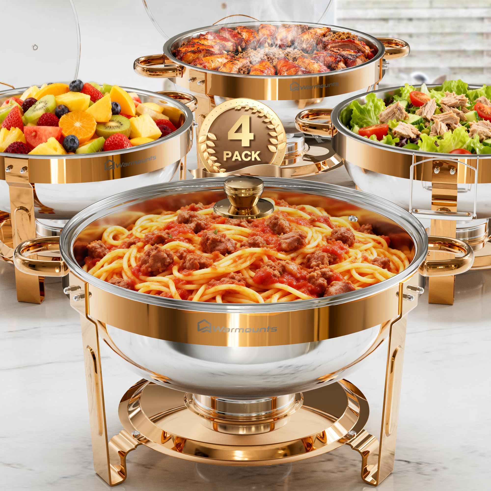 WARMOUNTS 5QT Gold Chafing Dish Buffet Set with Glass Lid, 4 Pack Round Half-Plated Gold & Food-Grade Stainless Steel Food Warmer Buffet Set with Lid Holder,for Wedding