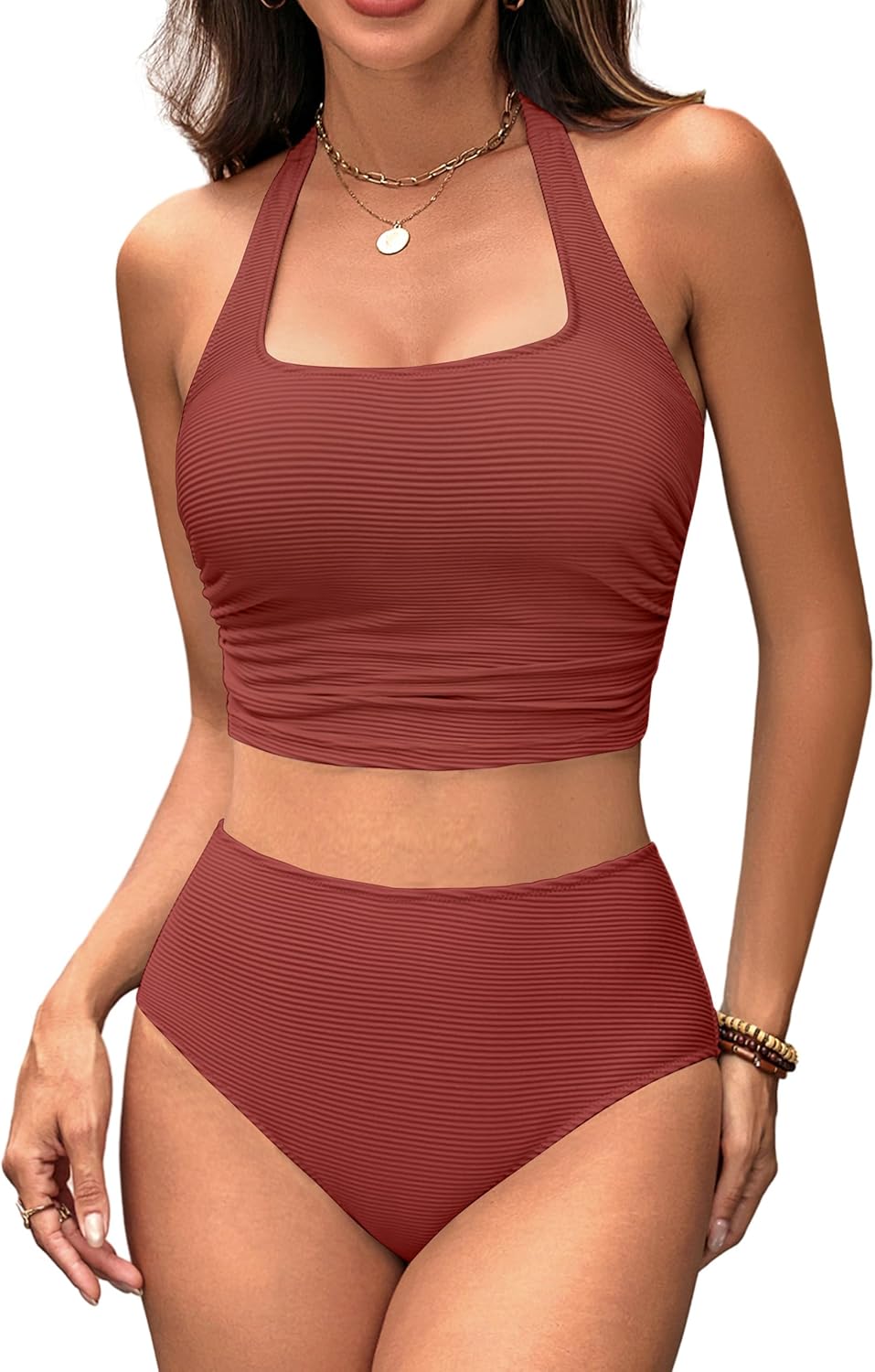 BMJL Womens High Waisted Bikini Sets Halter Two Piece Swimsuits Sporty Ribbed Tummy Control Bathing Suit