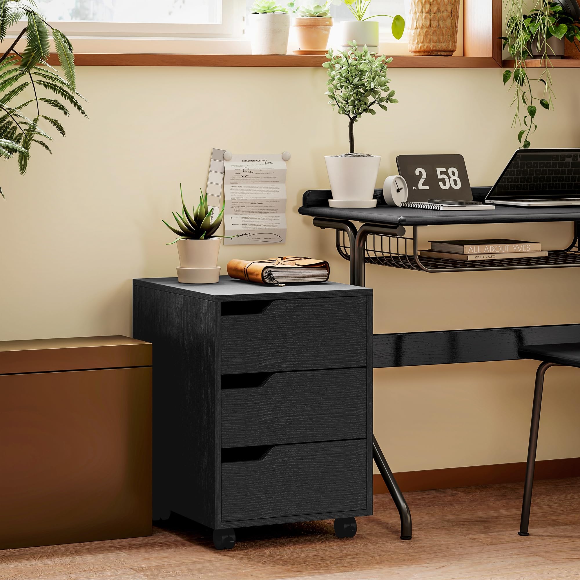 HOMCOM Cassettiera da scrivania mobile con 3 cassetti, mobile da scrivania su ruote, per documenti e stampante, scatola compatta per lavoro o camera da letto, 40 x 50 x 57,5 cm, nero