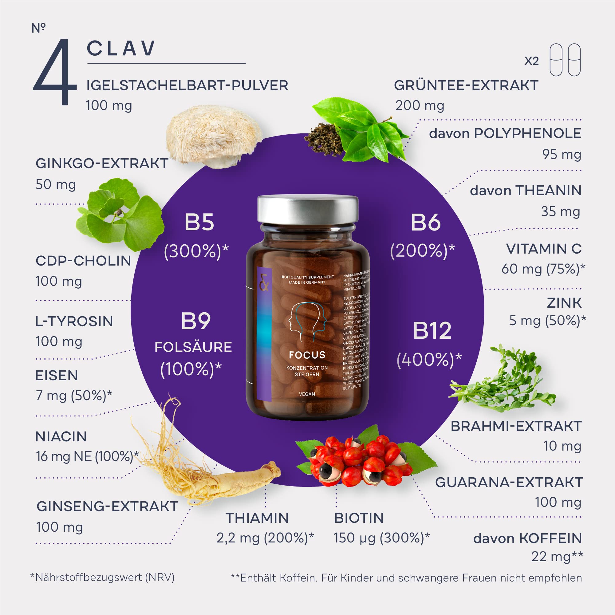 CLAV® N°4 FOCUS – Nootropic mit CDP-Cholin, Hericium, Brahmi, Ginkgo & Vitamin B-Komplex – Für Konzentration & mentale Leistung – 60 vegane Kapseln – Made in Germany
