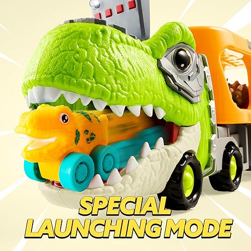 Miniatura 2 de JOYIN Juguetes de dinosaurio para niños de 2 a 4 años, juguetes para niños pequeños, camión transportador de dinosaurios con 6 vehículos de goma,