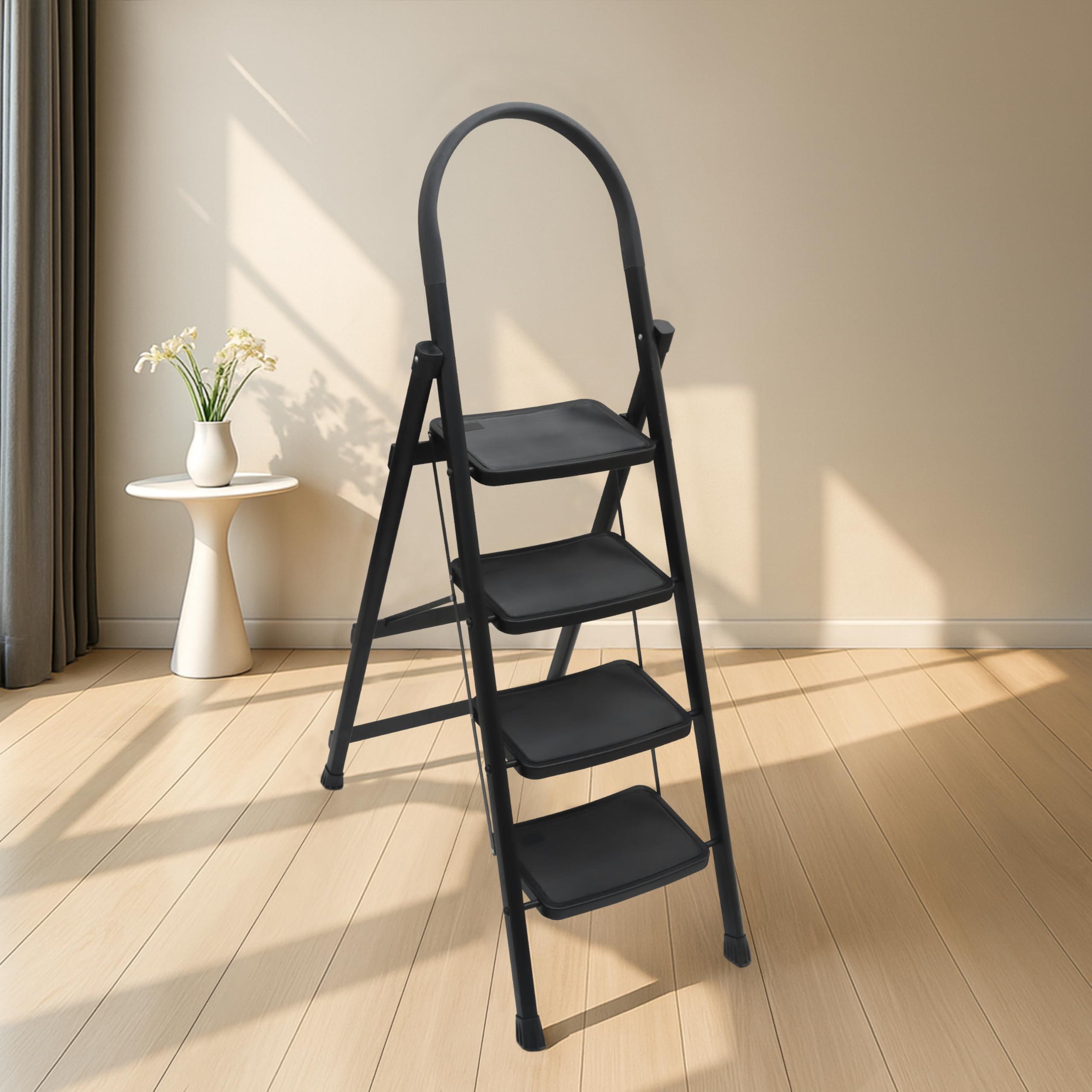 Plantex Hercules Pro 4-Step Foldable Ladder for Home with 150 kg Load Capacity/Heavy-Duty Steel Ladder/Anti-Slip Wide Step/Strong, Stable & Multi-Purpose (Black)