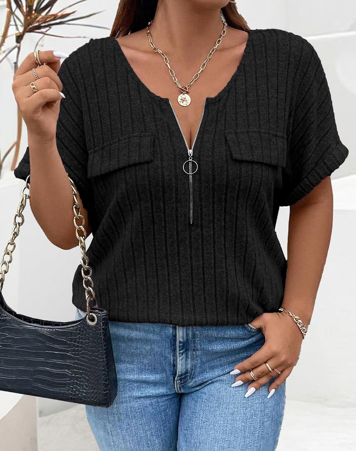 Womens Plus Size Short Sleeve Zipper V Neck Tops Solid Color Tunic Shirts Summer 2XL-5XL - Image 2