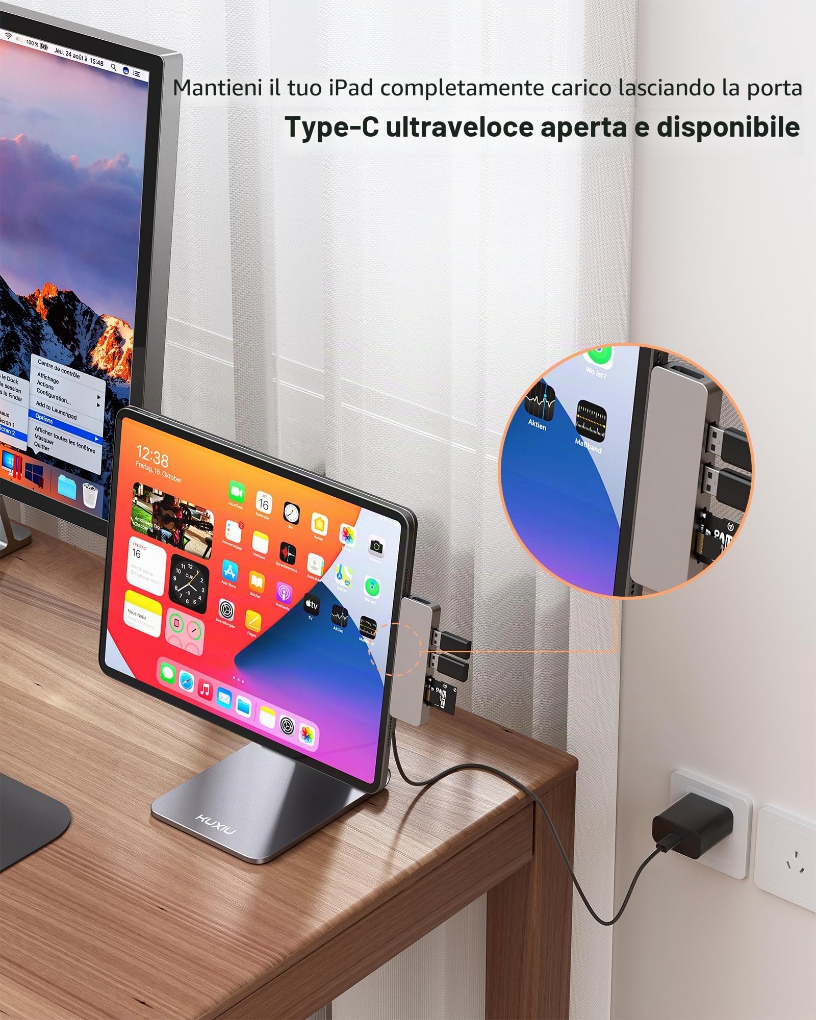 KU XIU X33 PRO MAX Supporto di Ricarica Magnetico per iPad Pro 11" M4 (2024) Solo, Supporto Tablet Pieghevole in Lega di Alluminio per Scrivania, Stand Regolabile a 360° con Cavo USB-C da 1M