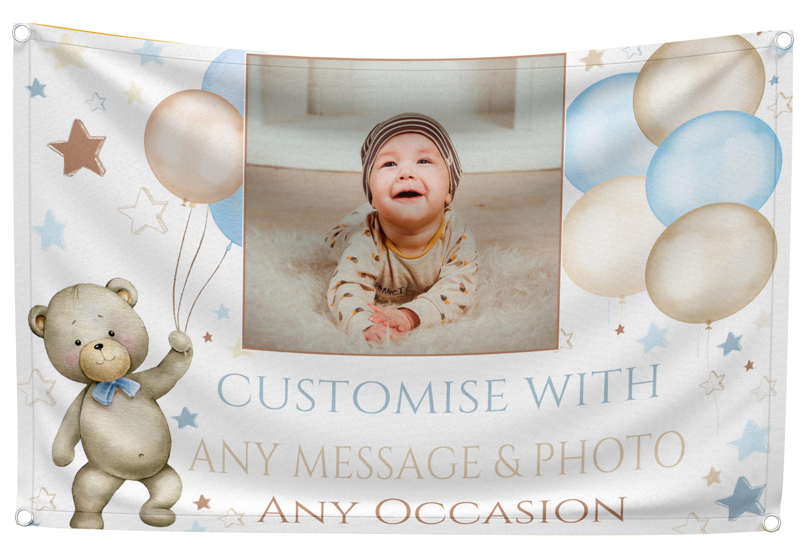 Large Personalised Teddy Bear Backdrop Banner with Photo Customised for Any Occasion Happy Birthday Christening Baptism Baby Shower 1st Birthday for Boys Blue Outdoor (Blue Teddy Bear, with PHOTO)