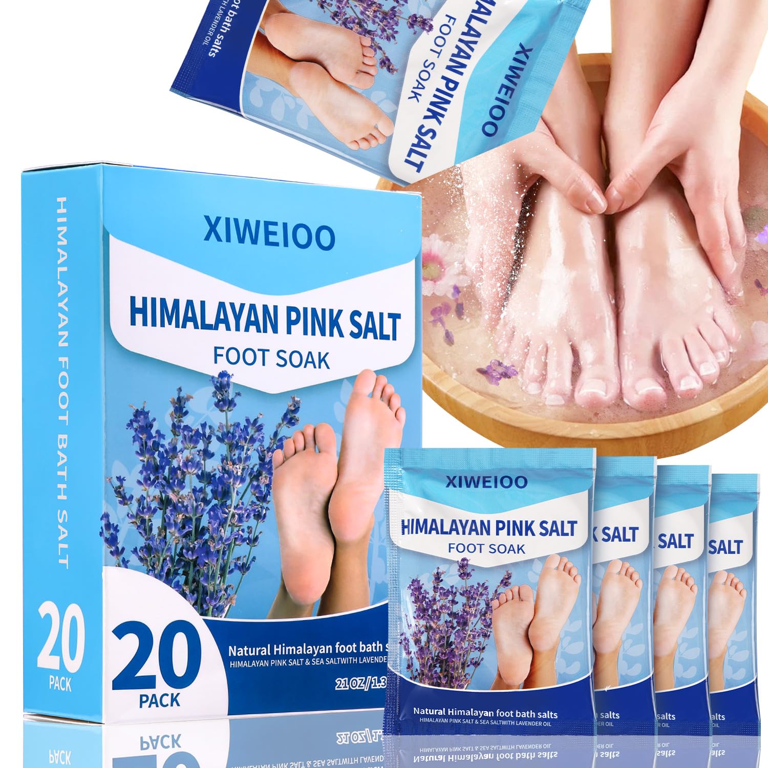 XIWEIOO 20 Pack Himalayan Pink Salt Feet Soak lavender foot soaking Pedicure kit Supplies for Foot Spa Foot Soak Salts with Epsom Salt for Soaking