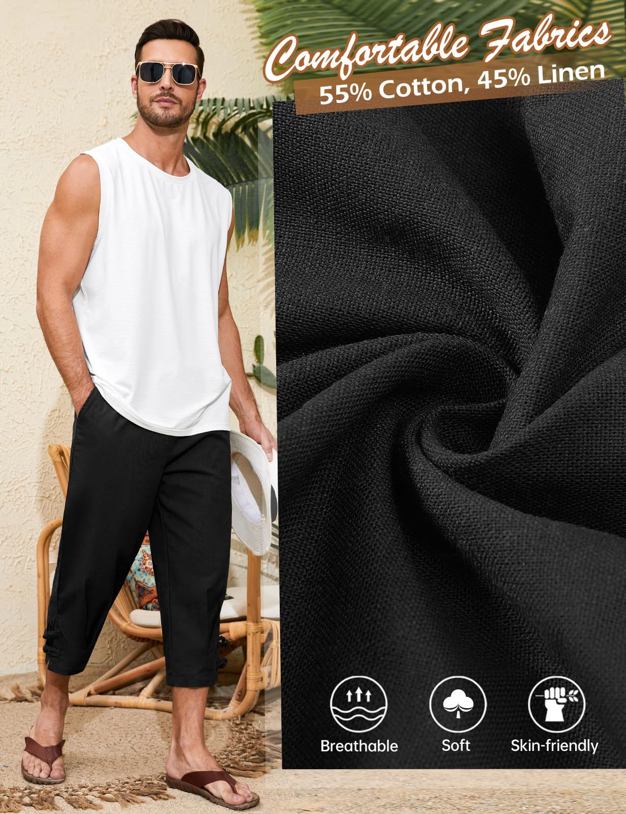 Short 3/4 en Lin pour Homme Pantacourt été Baggy être en Jachère Short de Plage Cordon élastique à la Taille Lin Homme Bermuda avec Poches
