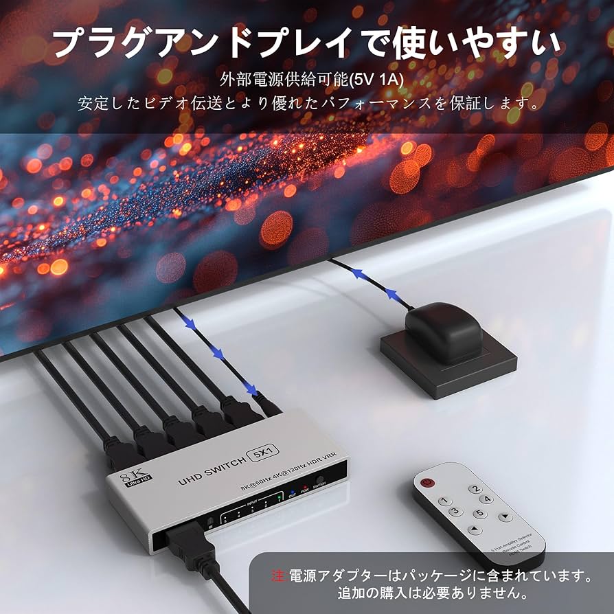 8K60FPSに対応したHDMI 2.1切替器 Amazon | HDMI 2.1 切替器 8K@60Hz/ 4K@120Hz 2入力1出力 / 1