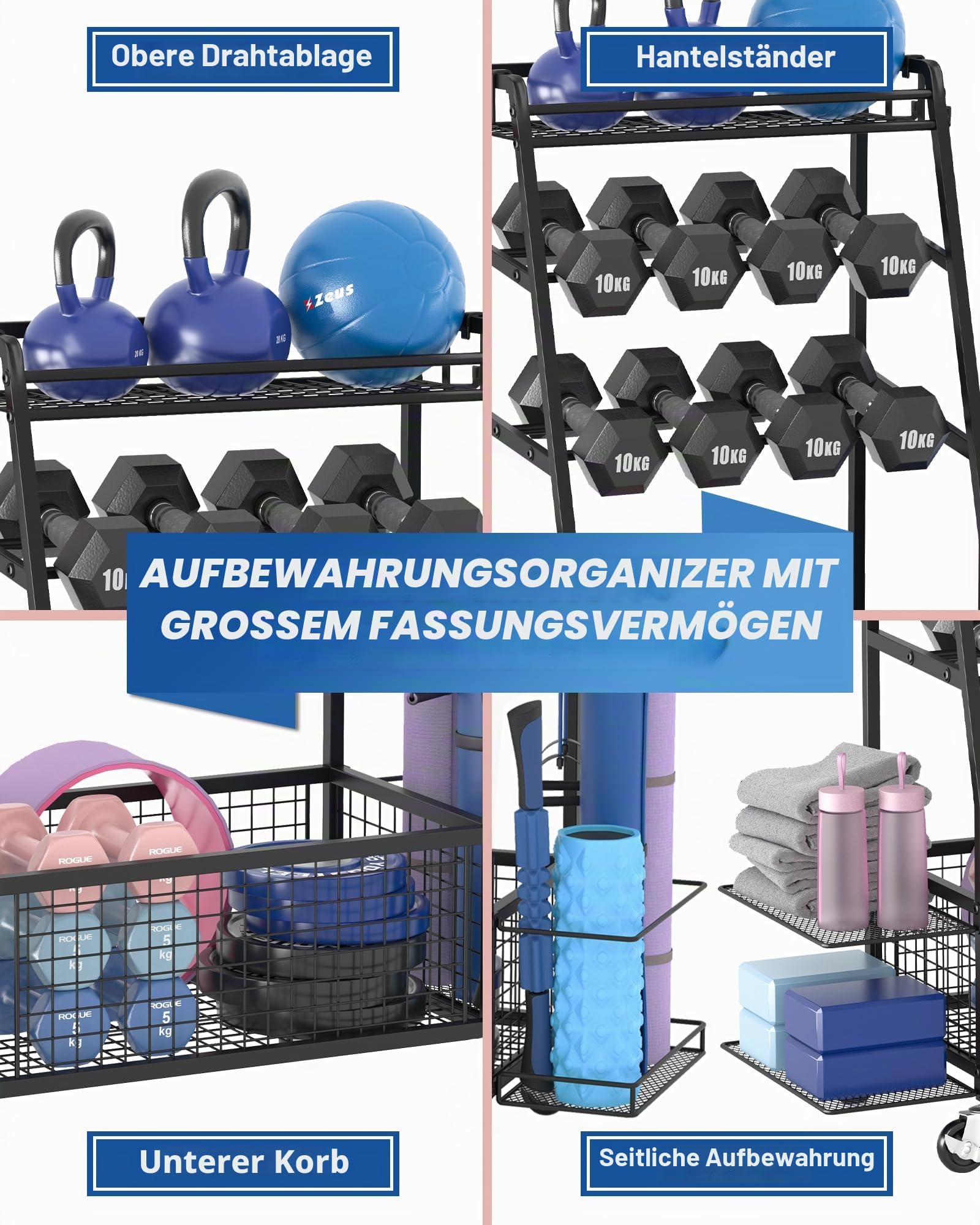 Hantelständer - Erweiterter Heimtrainingslagerständer - Hantelständer mit 4 flexiblen Rädern und einzigartiger Lagerung auf beiden Seiten