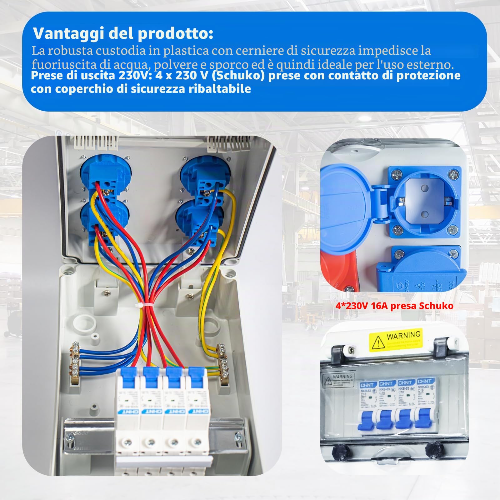 Distributore di corrente per costruzioni, 16 A, 230 V, distributore a parete, IP65, distributore di corrente da incasso per interni ed esterni