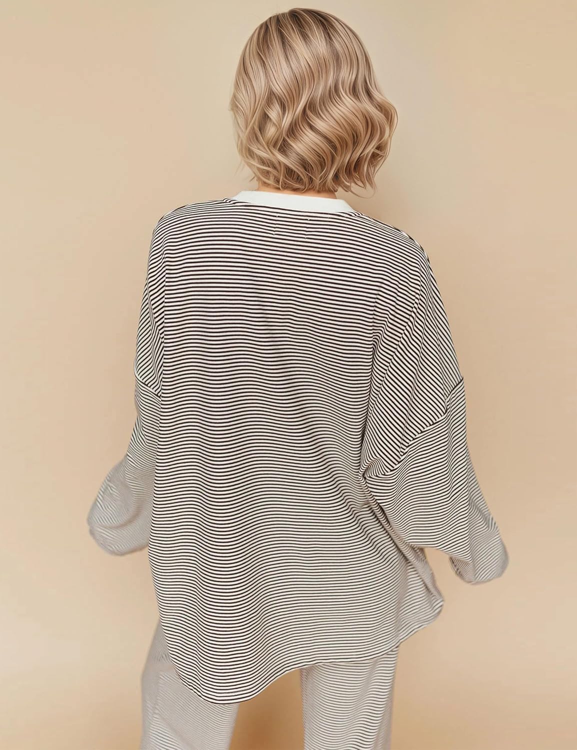 MISSACTIVER Women's 2 Piece Striped Lounge Set Long Sleeve Oversized T-Shirt Wide Leg Pants Matching Pajamas Set - Image 6