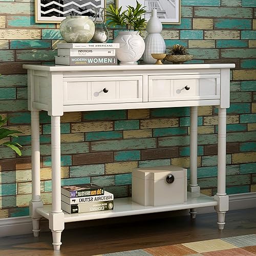 Miniatura 9 de P PURLOVE Mesa de sofá con cajones, mesa de entrada, mesa consola de madera con dos cajones de almacenamiento y parte inferior para sala de estar