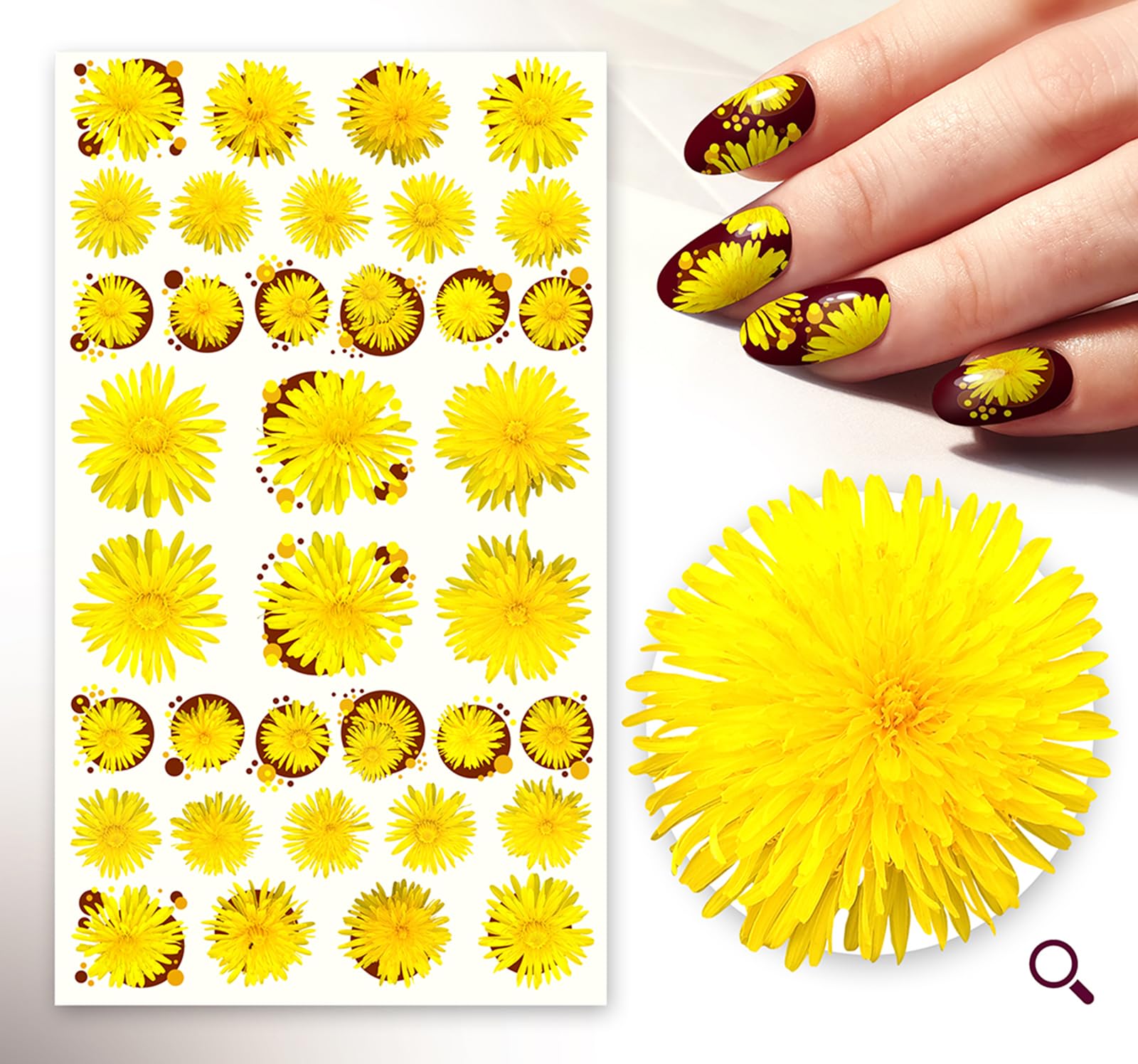 Flonz Six Nail Stickers Decal Transfers (5 Sheets) Flonznail Yellow Dandelion Real Photo Wild Flowers Meadow Vintage Style