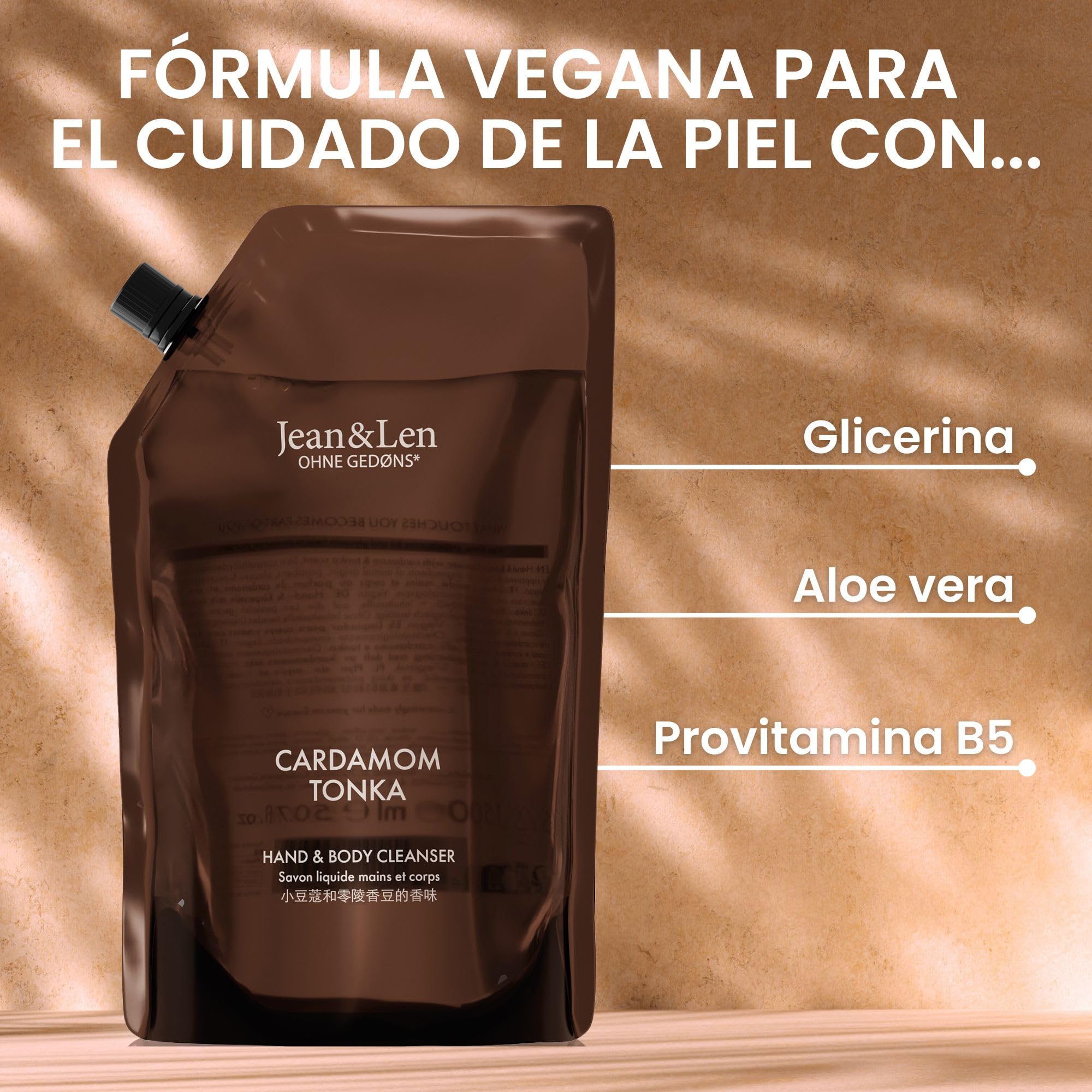 Jean & Len Hand & Body Cleanser Cardamom & Tonka en bolsa de recarga, para una experiencia de limpieza aromática, aroma exótico y especiado, jabón líquido de recarga, vegano, 1,5 L