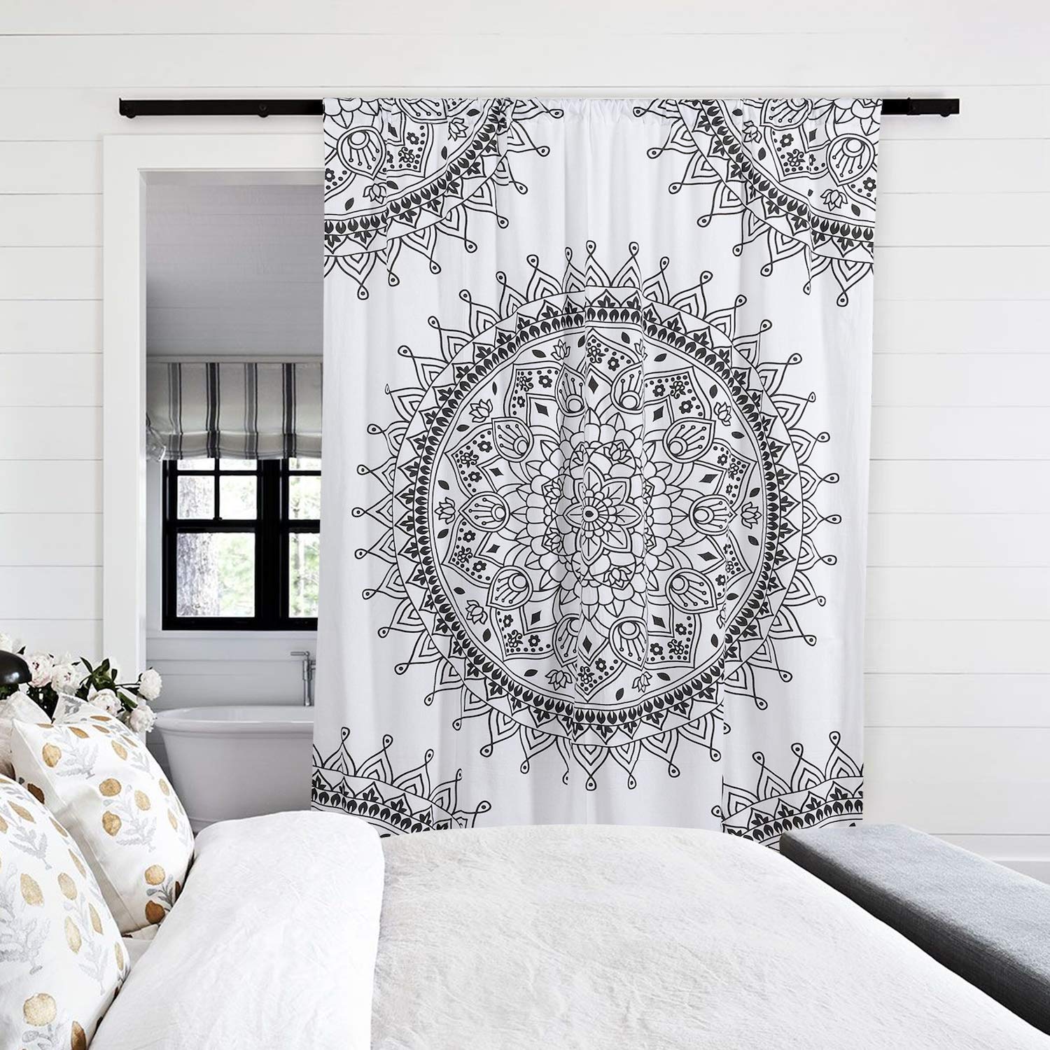 Madhu International Mandala Gypsy Home Window Treatments 1 Panel Bohemian Curtain Room Divider Blackout Balcony Sheer Wall Hanging Tapestry Curtain Indian Drapes Curtain, 78" x 54" White