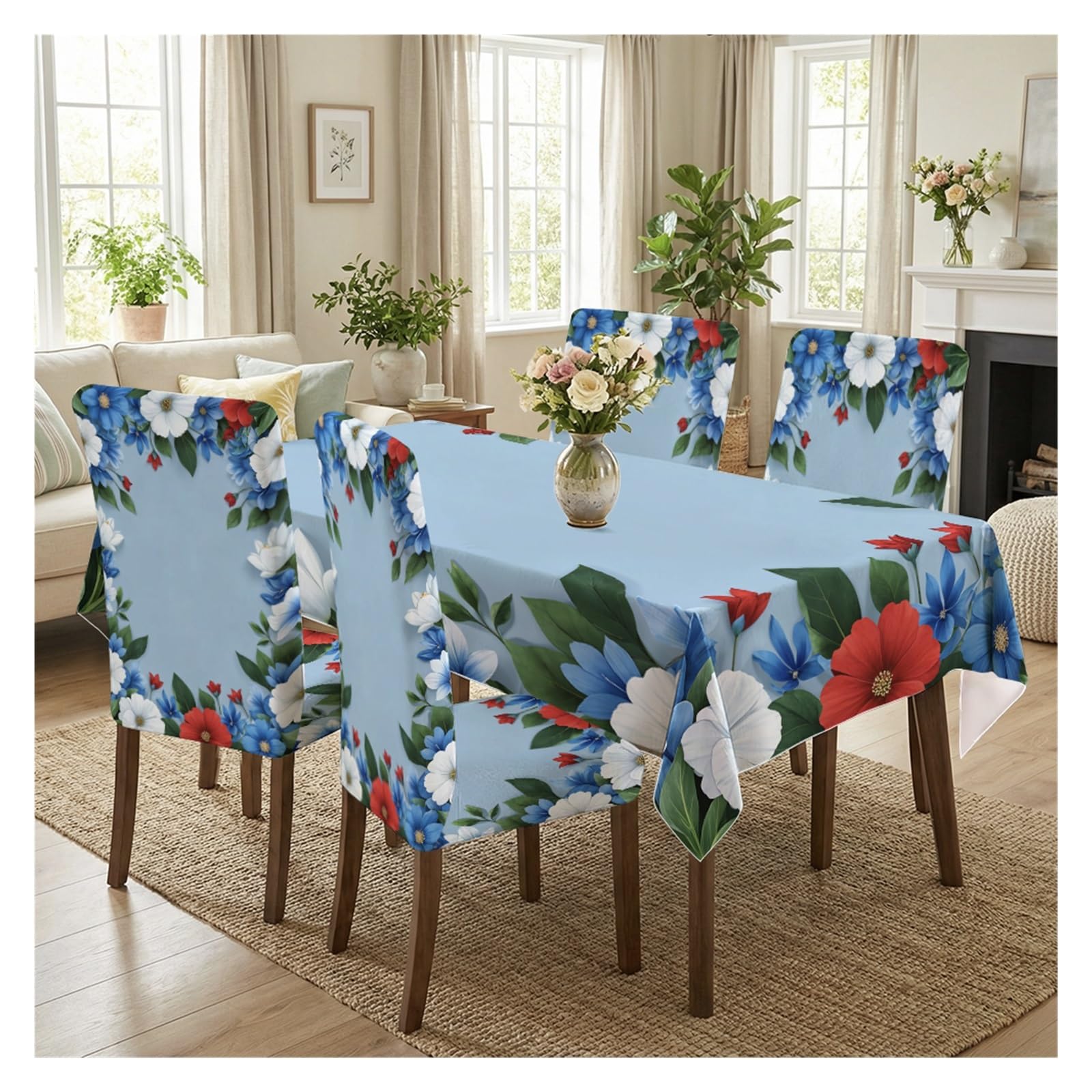 KXUAUV Light Blue Vibrant Colorful Flower Print Stretch Dining Chair Slipcover & Tablecloth Set, Fresh Spring Dining Decor, 5/7 Pack Party Decor(5pcs Set: Tablecloth+Chair Covers)