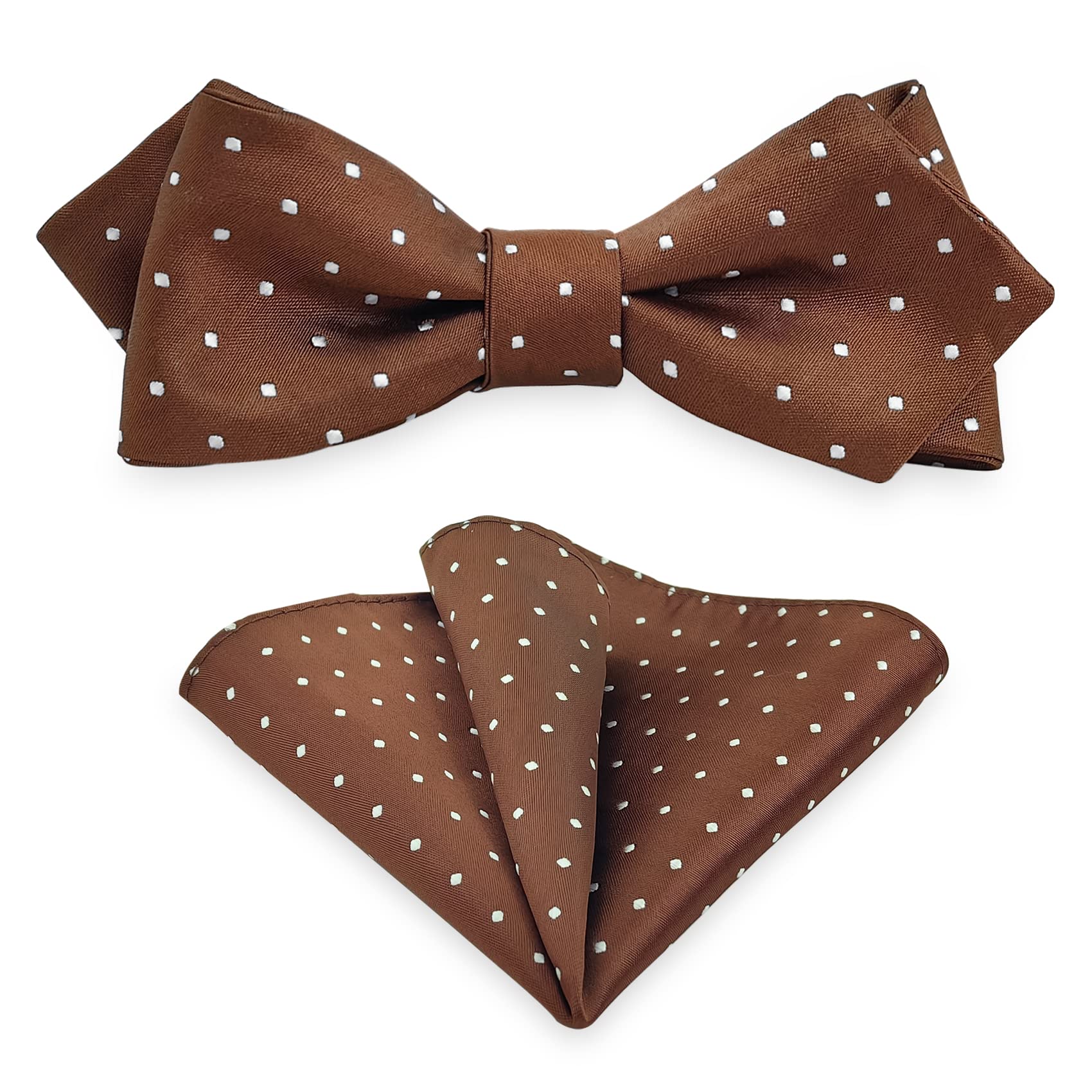 Mens Bow Tie Pocket Square Set, Boy & Men Bowtie with Handkerchief For Formal Tuxedo & Wedding Party & Homecoming M-S-SB2, Brown Polka Dot, One size