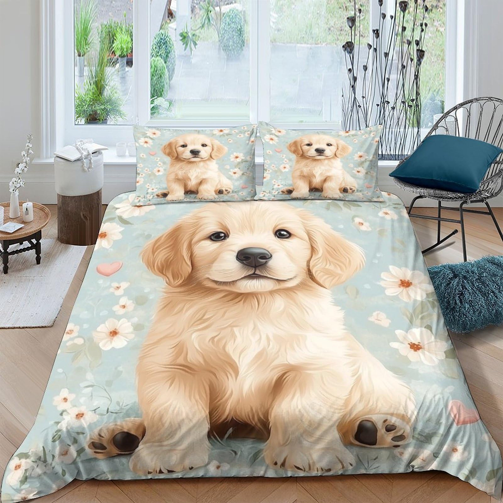 Ctjqhvkz Style-8 3D Printed Golden Retriever Puppy Fitted Sheet Microfiber Soft Floral Bed Cover For Bedroom Guest Room Decor Single（135X200cm）