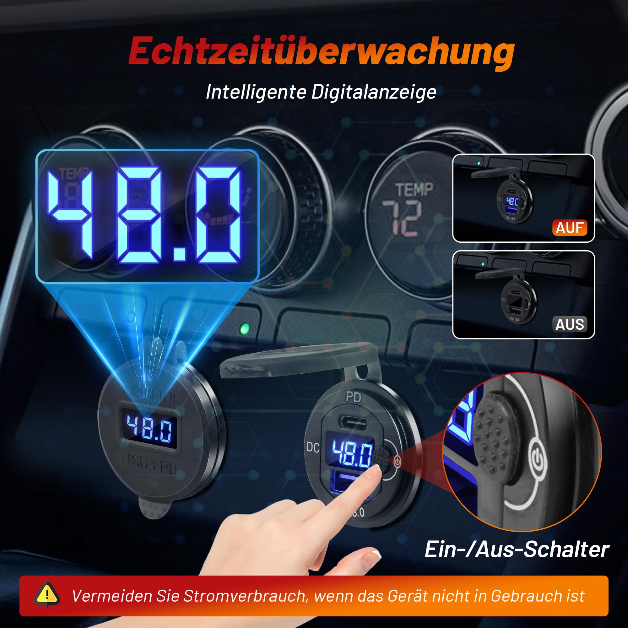 RED WOLF 48W USB C PD Steckdose 12 Volt Auto Ladegerät Zigarettenanzünder mit Schalter, QC 3.0 & USB Typ C Einbaubuchse mit LED Voltmeter für Kfz Wohnmobil Motorrad Boot LKW Wohnwagen 10V-60V