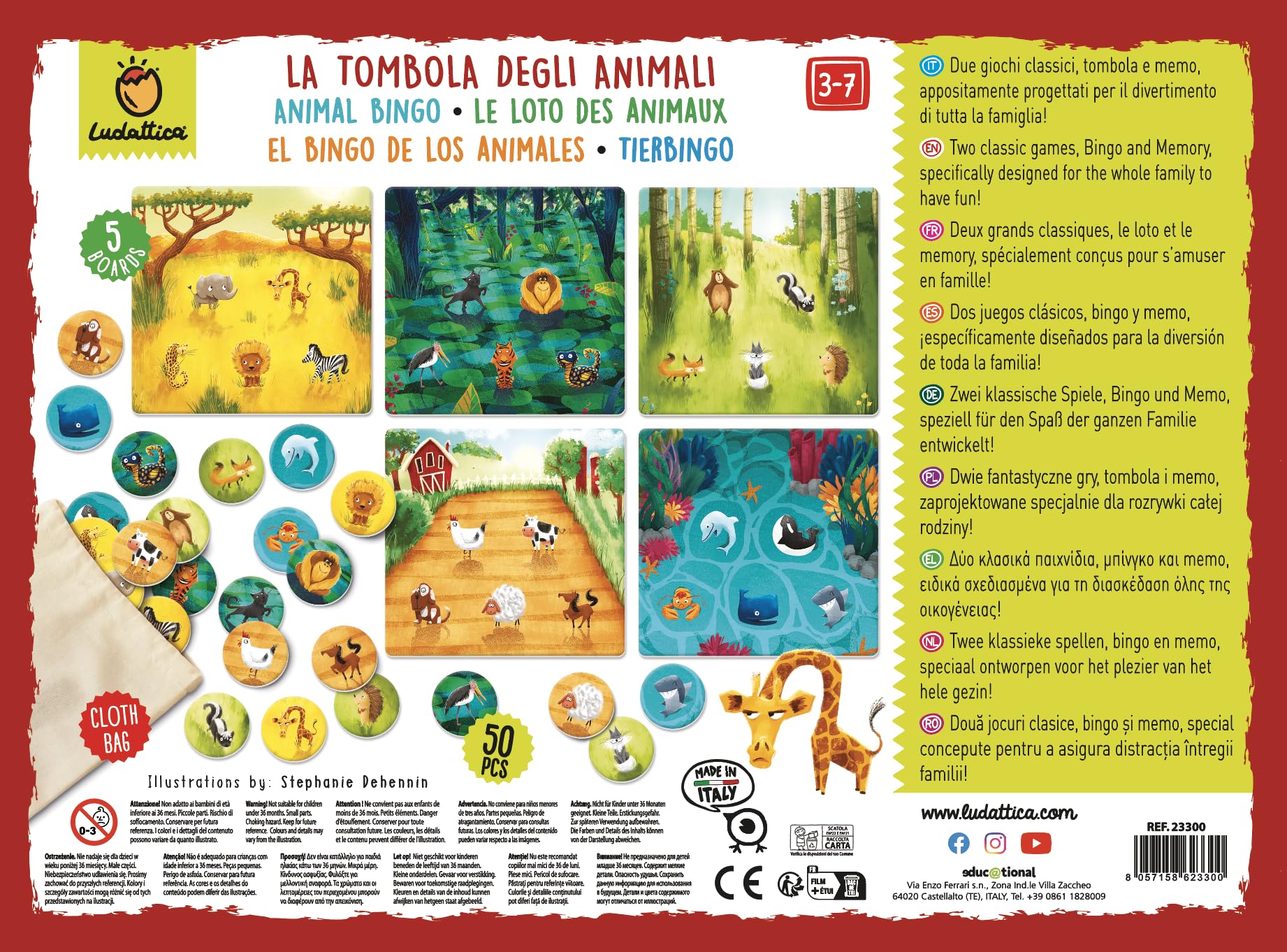 Ludattica Tombola degli animali Tombola per bambini | Bingo con sacchetto in stoffa e cartelle ambienti | Gioco educativo per bambini 3-6 anni | Memo game | Made in Italy