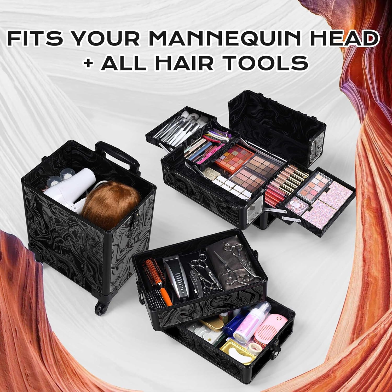 BYOOTIQUE Rolling Makeup Train Case on Wheels 4in1 Cosmetology Profesional Travel Cosmetic Bag Lockable Organizer Box for Hairstylist Artist Nail Beauty Salon Barber,CoyoteButtes Shadows